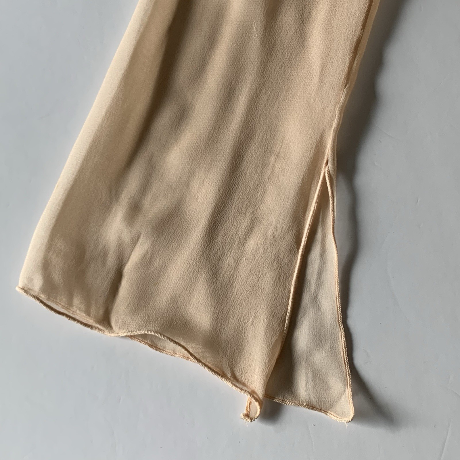Vintage 90s Holly Harp Silk Dress Sz S Peach Satin w Chiffon Overlay Flower Trim