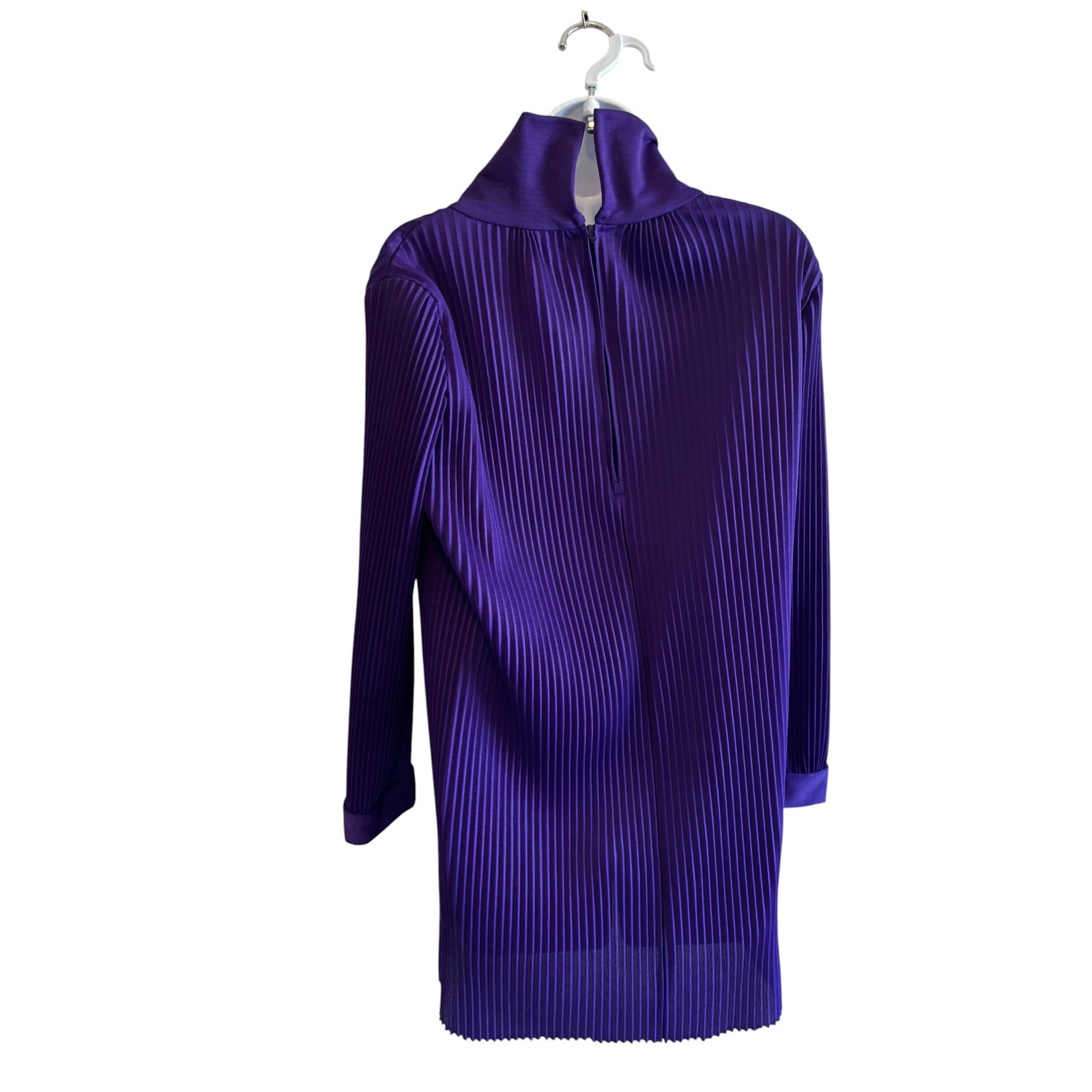 Vintage 70s Accordion Pleated Tunic Dress Med Purple High Neck Mod Disco Retro