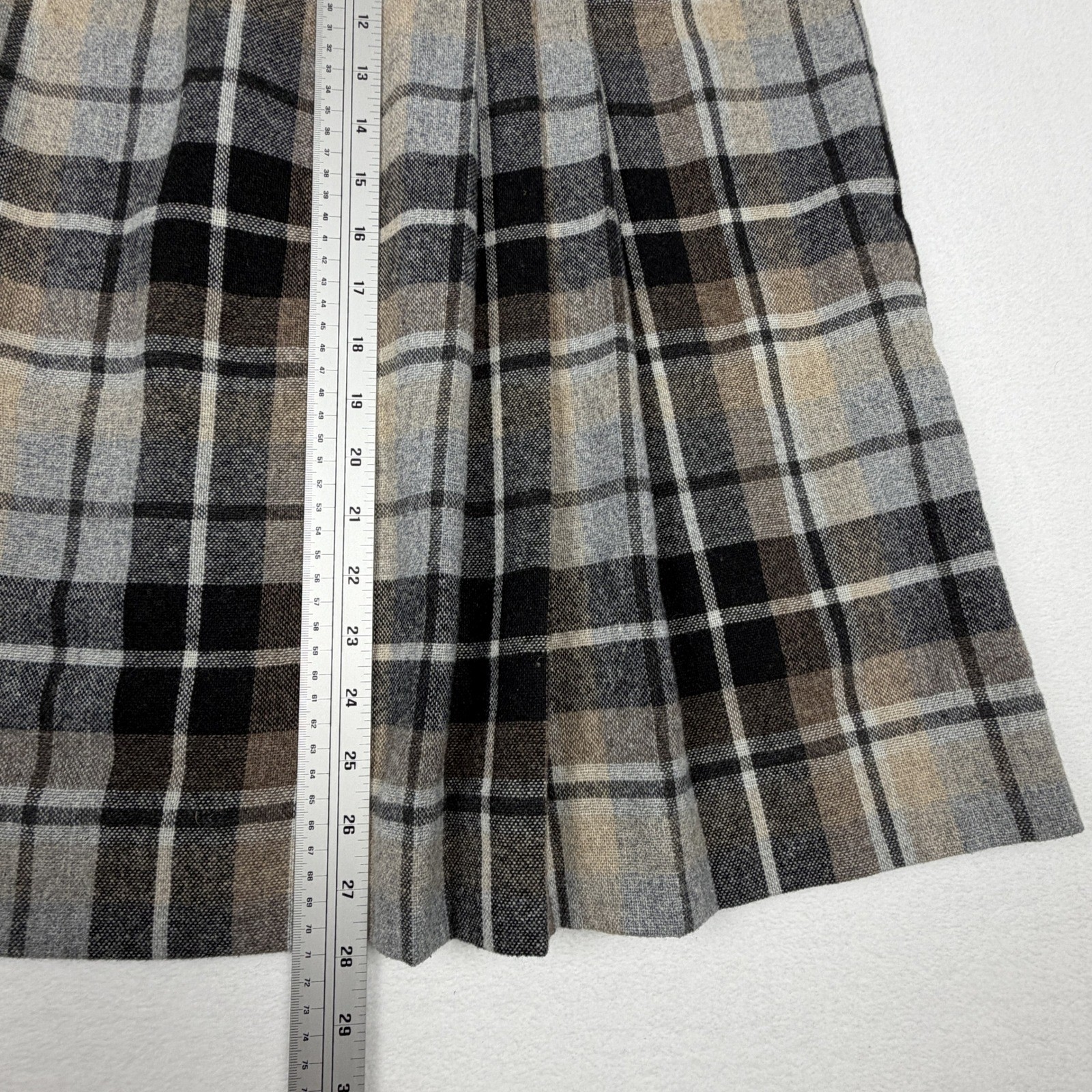 Vintage Plaid Midi Skirt Brown Grey Black High Waist Pleated Wool Blend