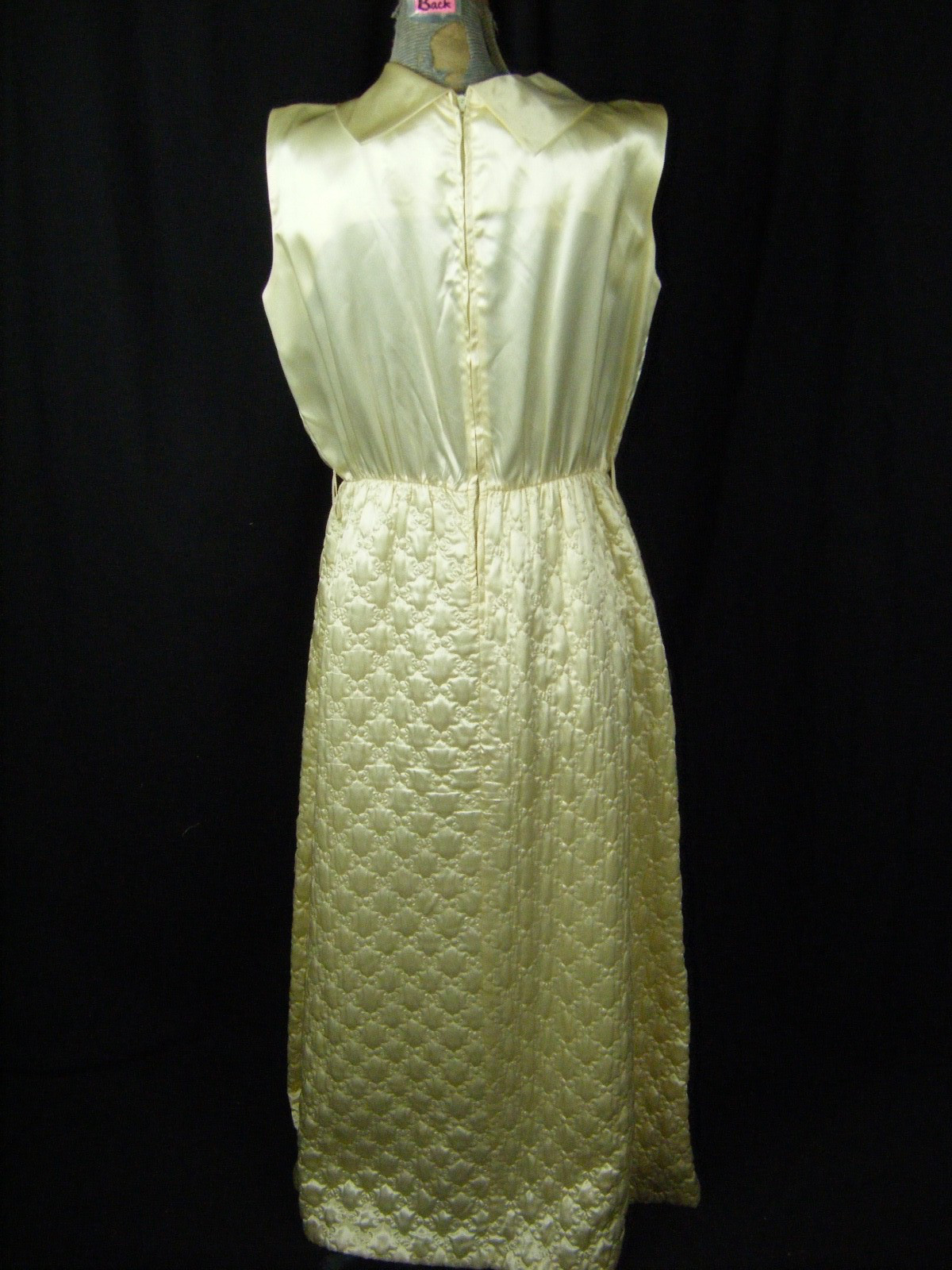 Vtg 60s Cream Satin Floral Embroidered Quilted Long Dress-Bust 44/L