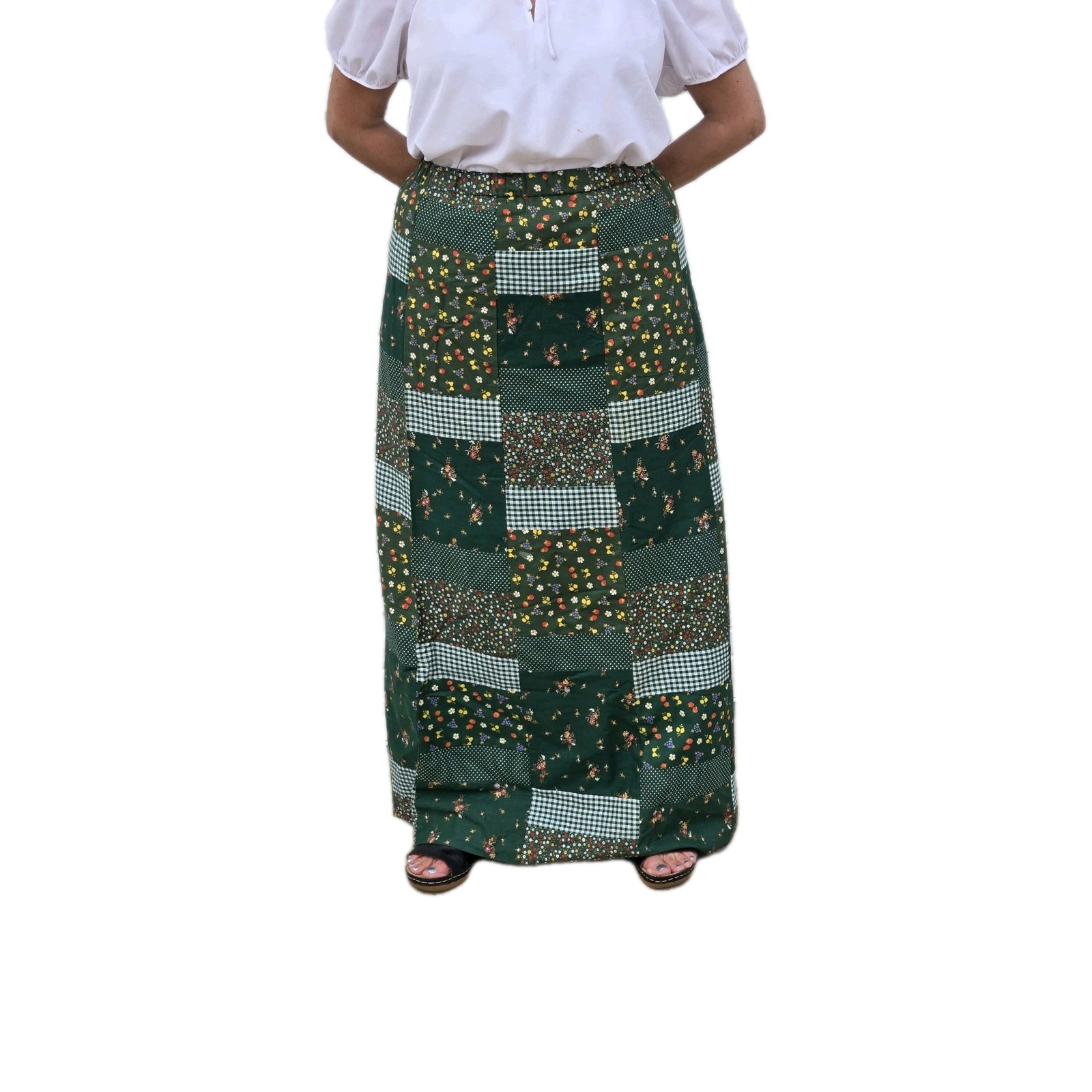 VINTAGE MR. HANK 70s Patchwork Maxi Skirt Green Plaid Fliwers Strawberries M