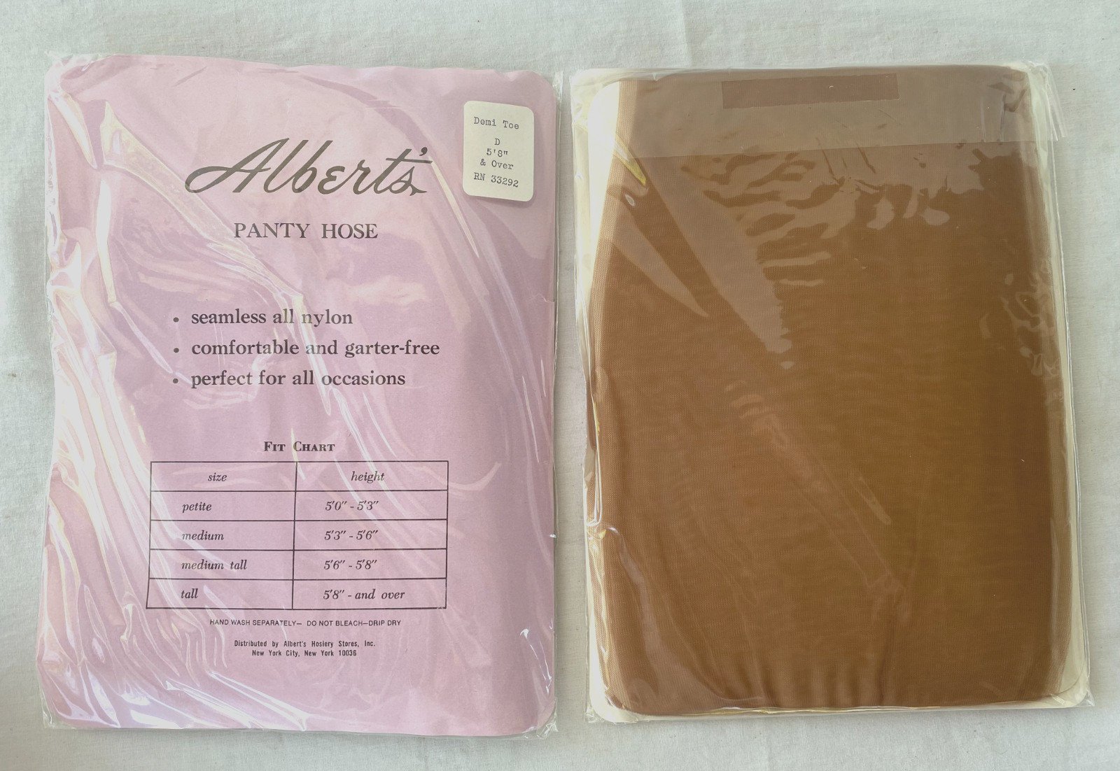 Lot of 2: Vtg Tall Alberts Demi Toe Panty Hose Seamless Suntan Size D 5’8″+ NOS