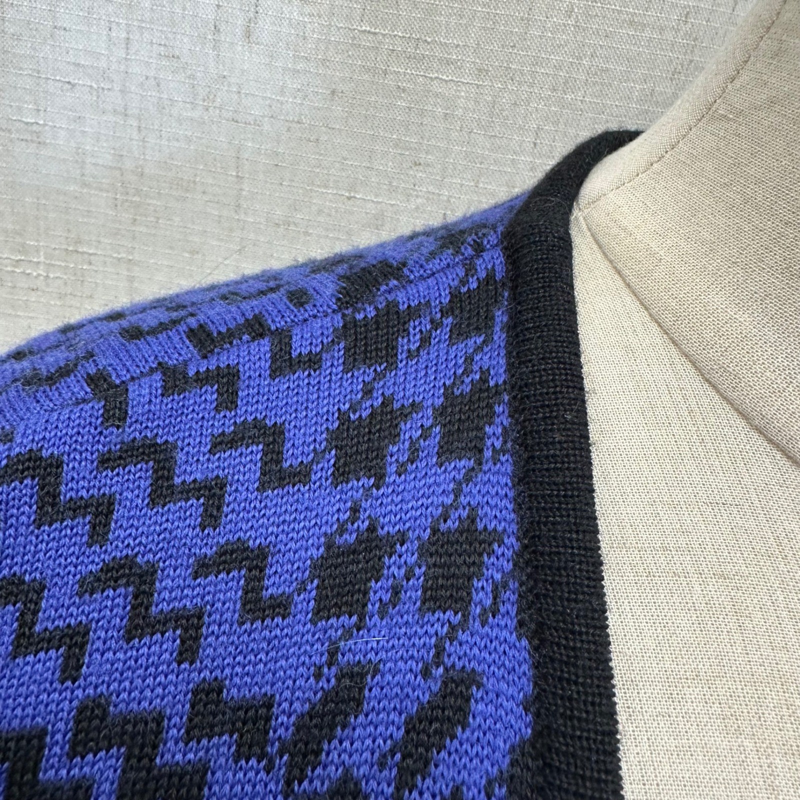 Ciao Ltd Vintage Cardigan Womens Large Blue Black Houndstooth Wool Blend Knit