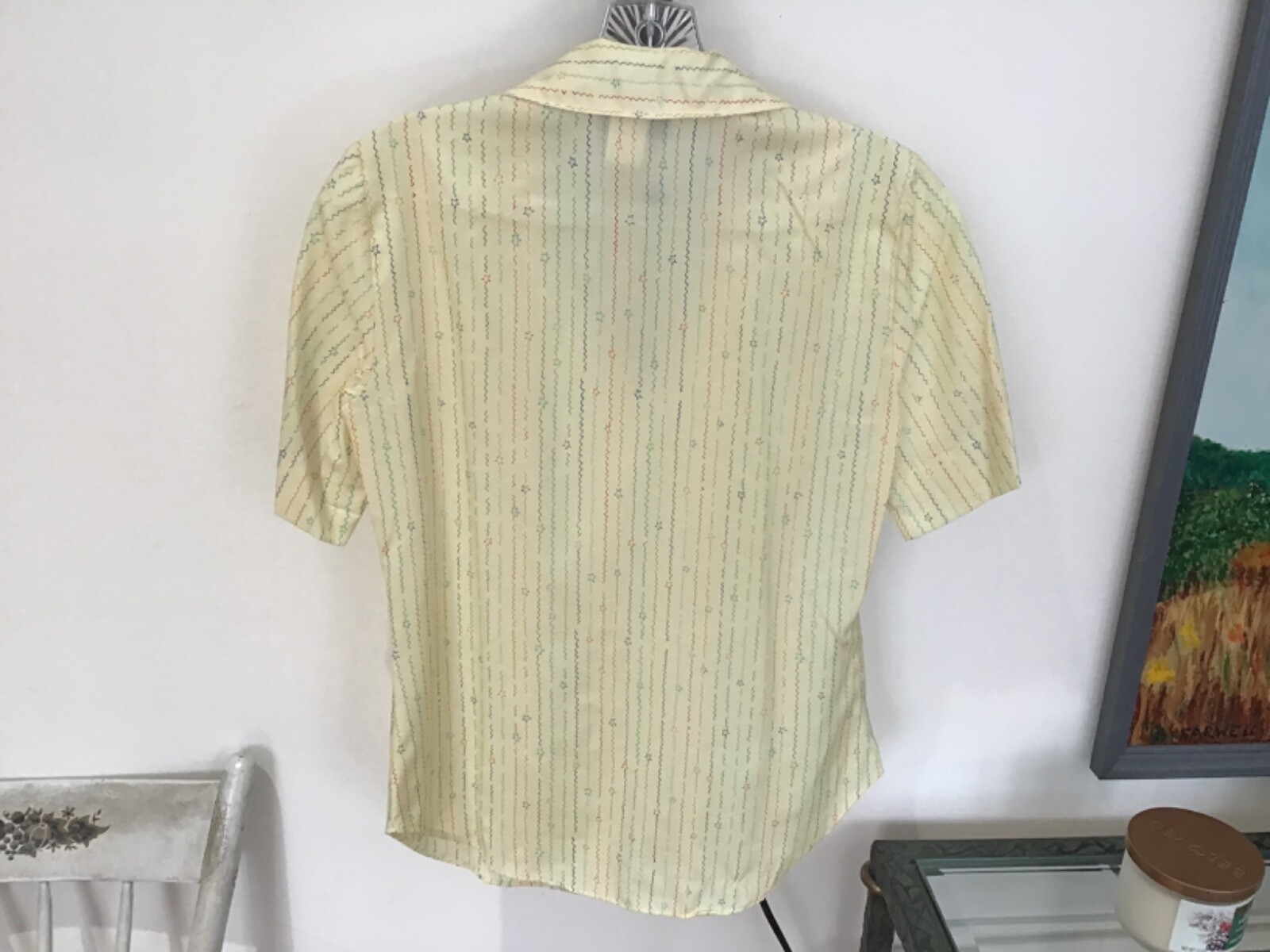 Vintage 70’s LANGTRY Polyester Lemon Chiffon Blouse w/ Stars & ZigZags Size 9/10