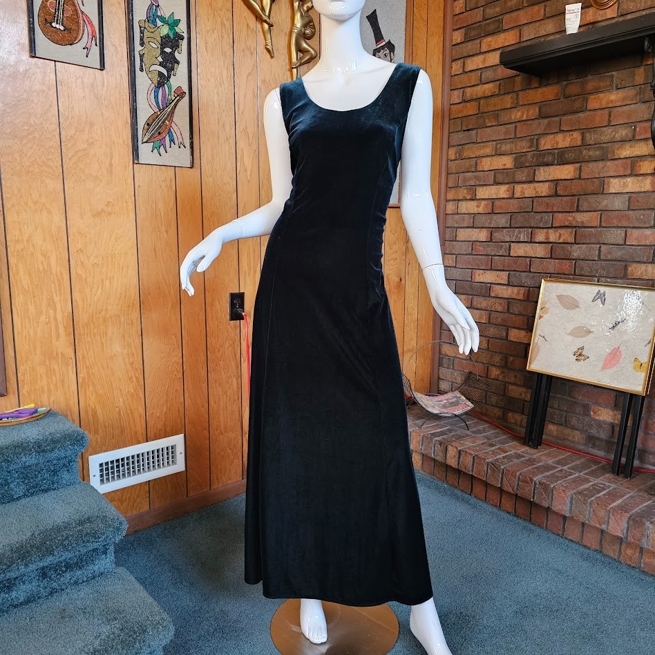 Vtg 90 Y2K Curvy Plus Goth Spider Back Emerald Green Velvet Prom Maxi Dress L/XL