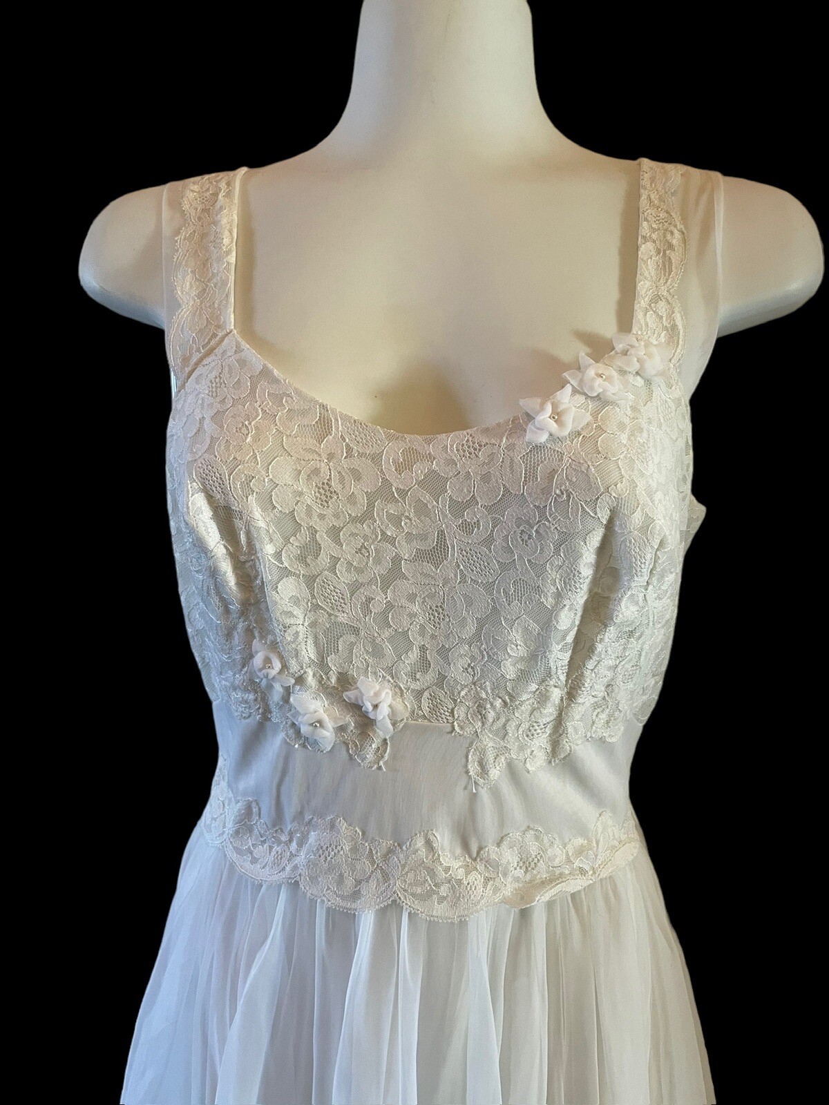 Vintage 50’s Shadowline Nylon Chiffon Lace Nightgown Bridal 32 Ivory Belt Waist