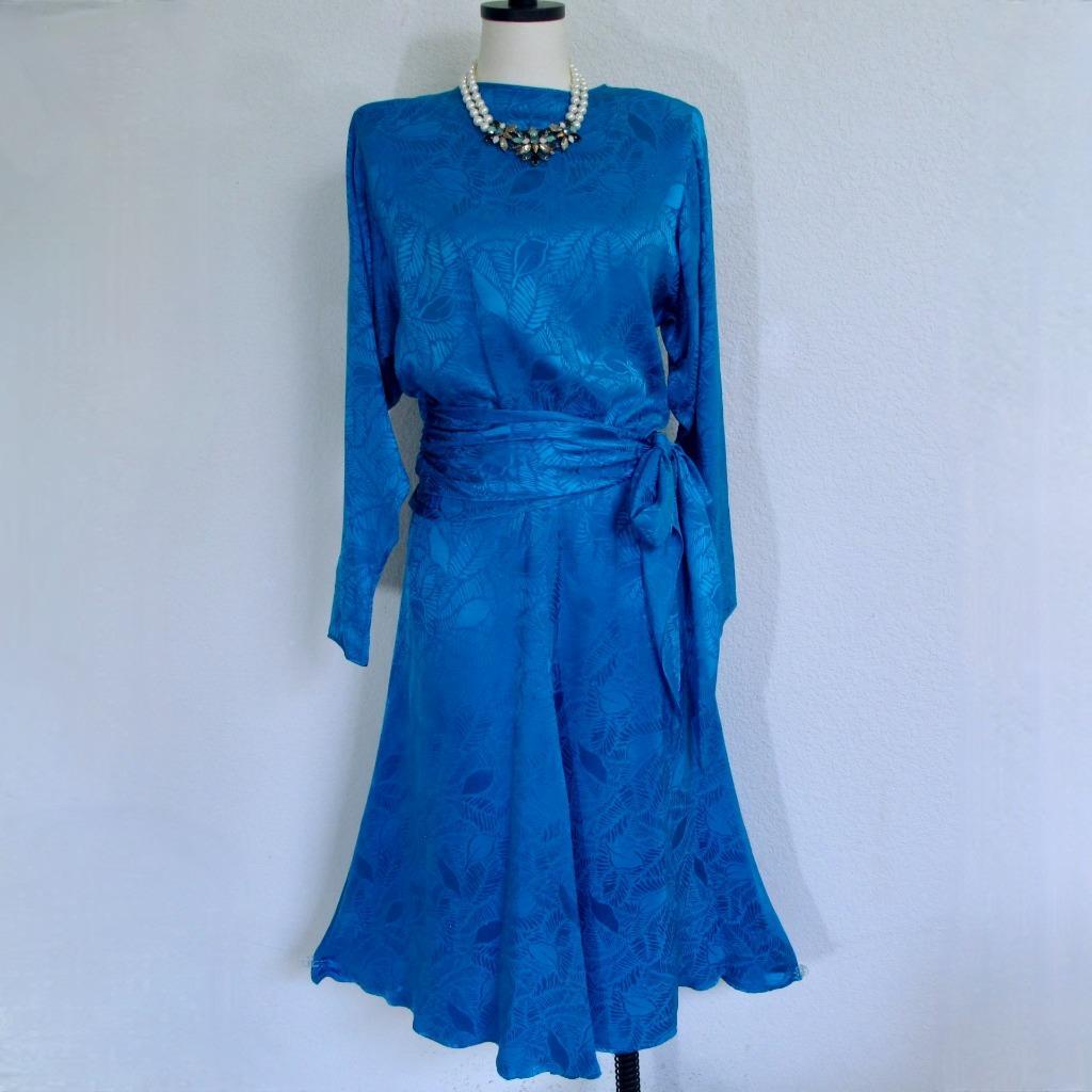 Vintage 80s Jerry Regenbogen Silk Dress 6 Sapphire Blue Sash Wrap Retro Glam