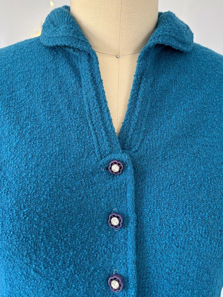 Vtg 40s 50s Knit Set Cardigan Sweater Skirt Teal Blue Chenille Wool Size S/M
