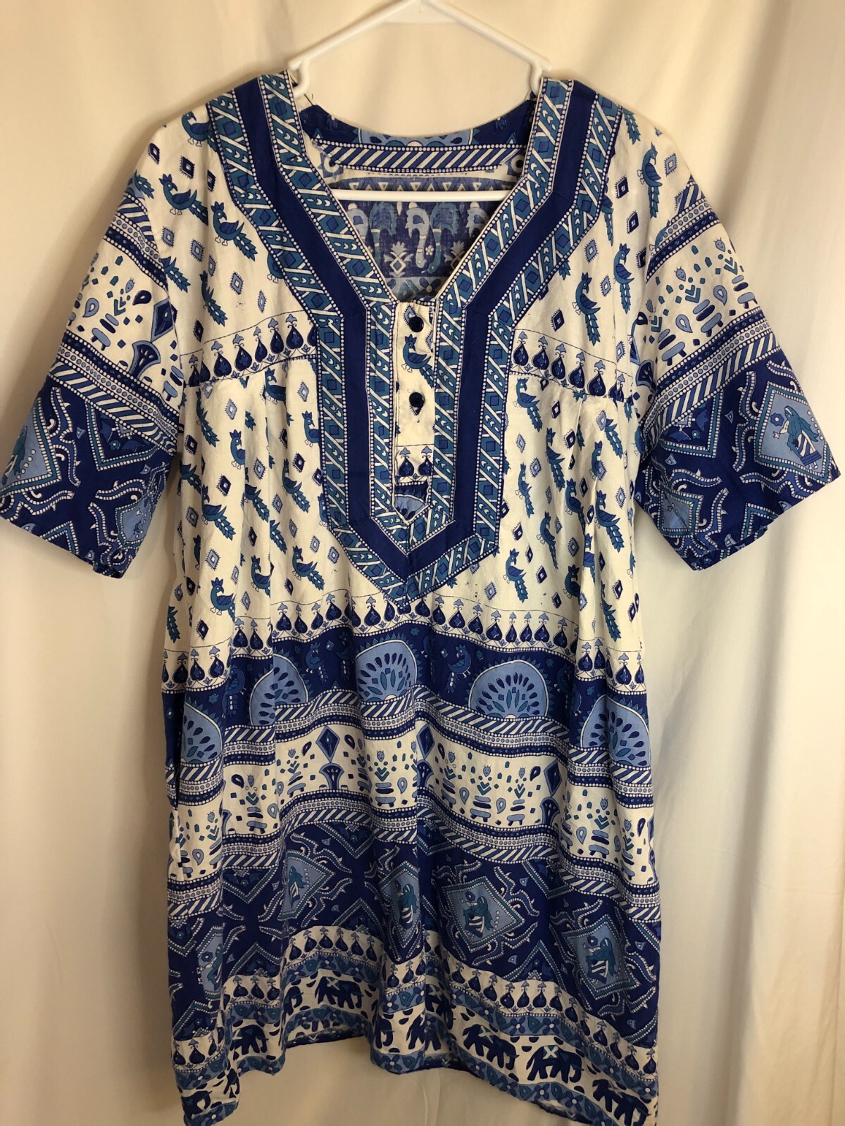 Vtg Blue India Print Moo moo coverup Dress sz L pockets Lounge Boho Cottage