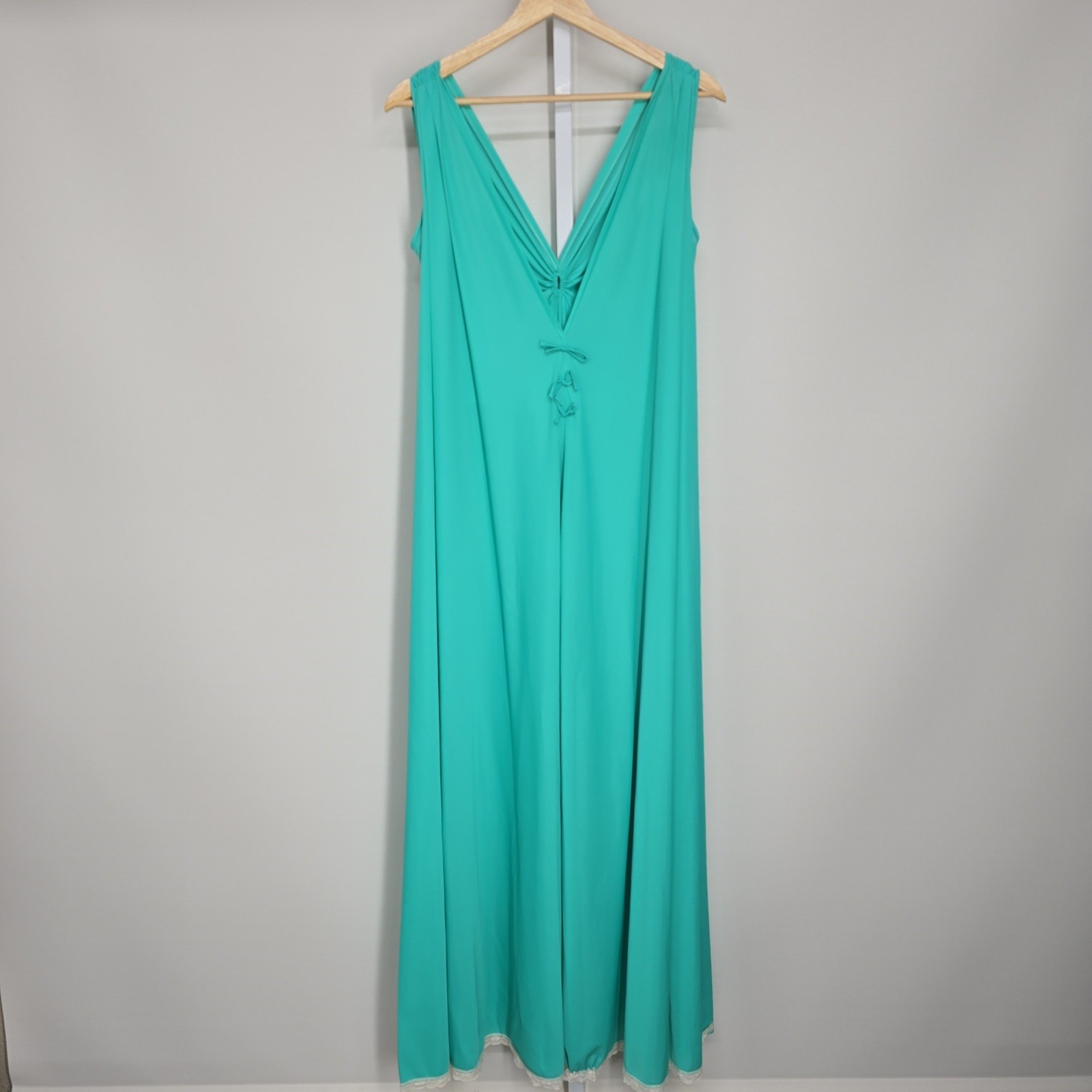 Lucie Ann Vintage 70s Teal Aqua Grecian Goddess Maxi Gown Lace Trim Made in USA