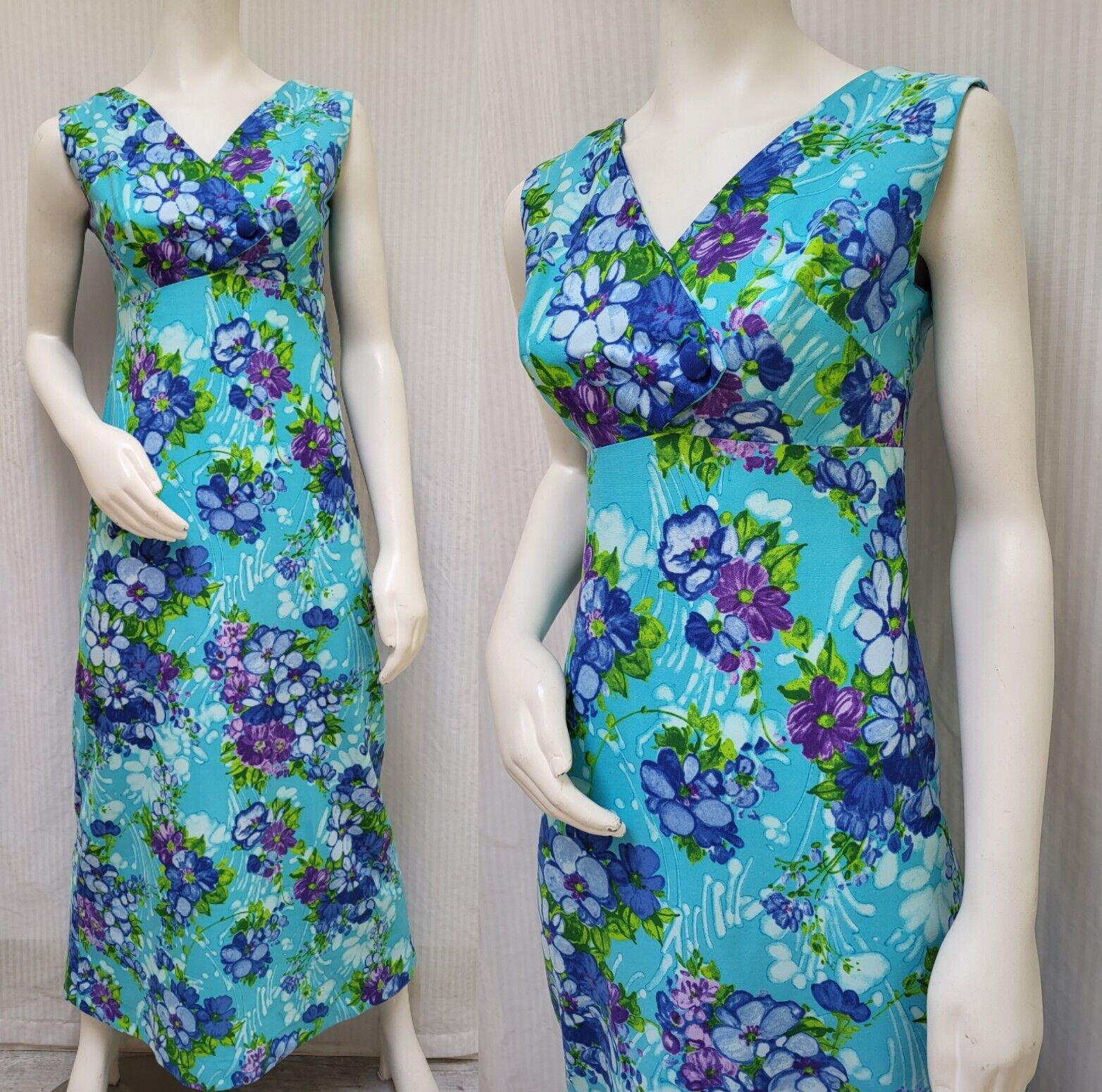 Vintage 60/70s PENNEYS HAWAII Bright Blue Floral Maxi Dress – Size S – EUC