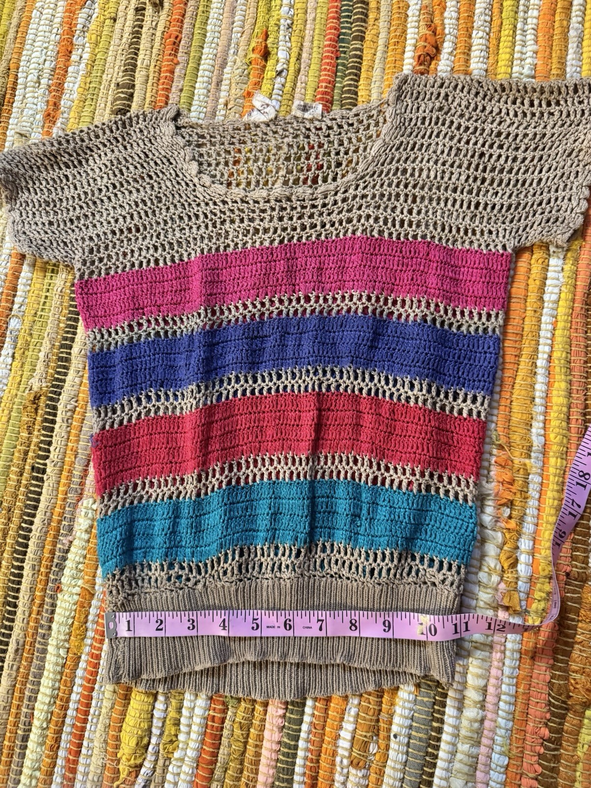 Vtg India Hand Woven Crochet Cap Sleeve Top Pullover XS S 70s 80s Dolman Crop