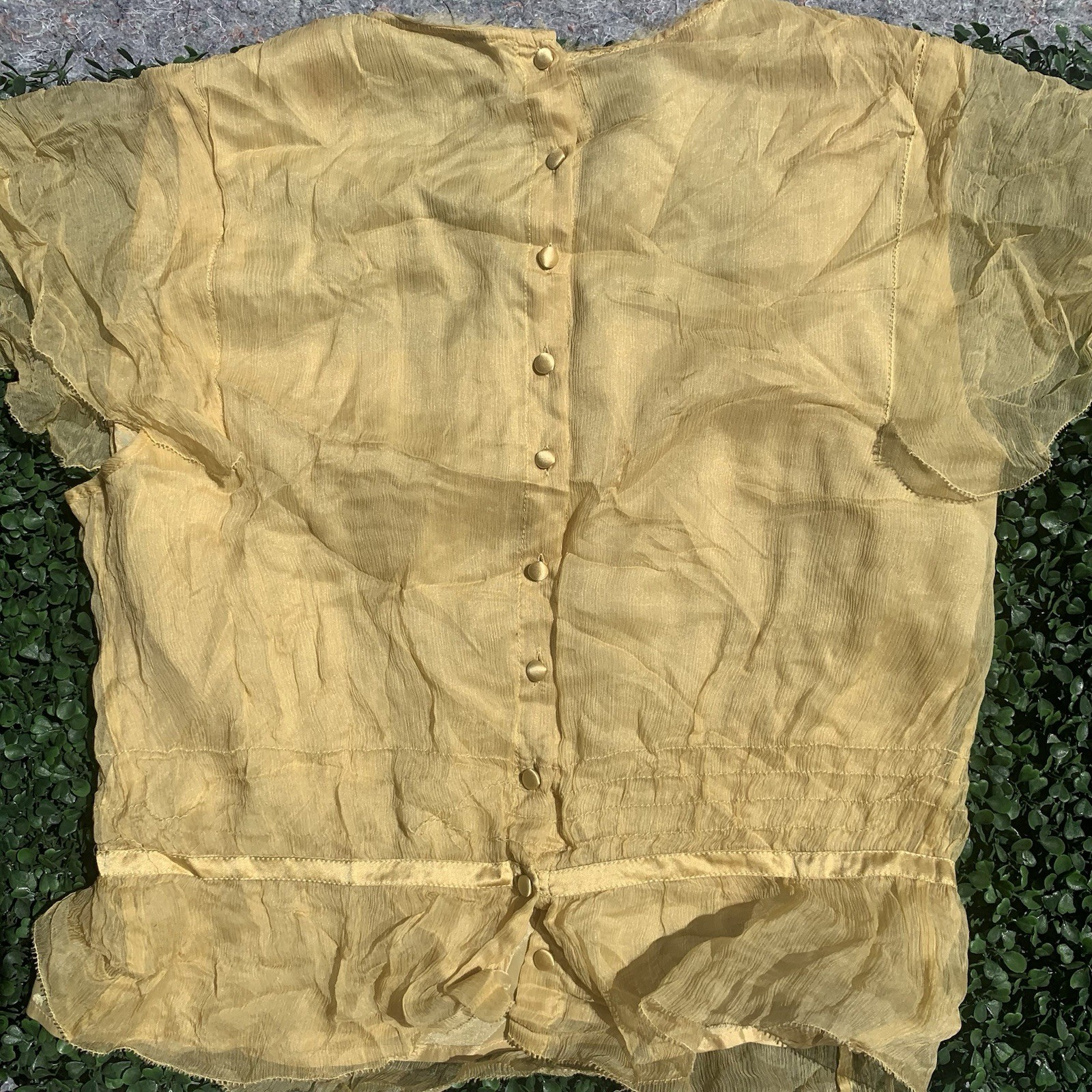 As Is vintage 90s Y2K designer yellow gold silk chiffon crop blouse top