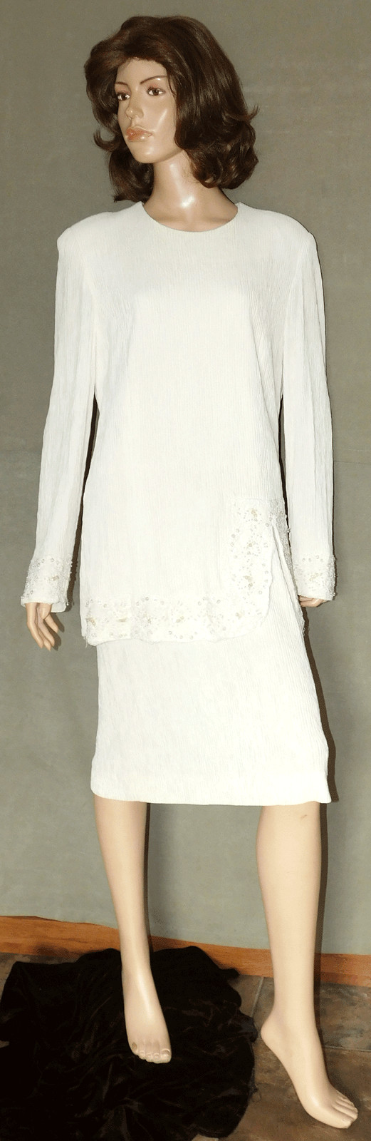 Vintage Leslie Fay Petites White Crepe Layered Dress, 16P, Embroidered, Beaded
