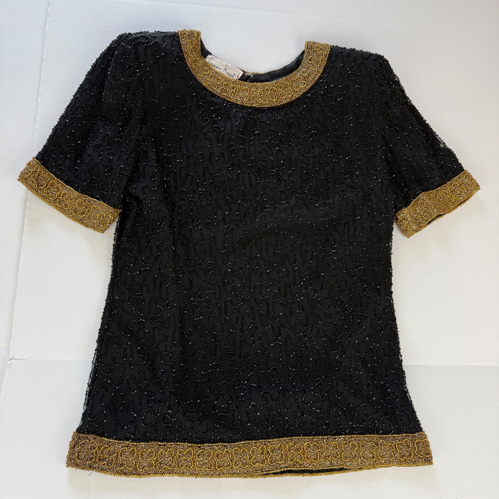 Laurence Kazar Vintage Beaded Silk Top Black Gold Evening Blouse Small Short Slv