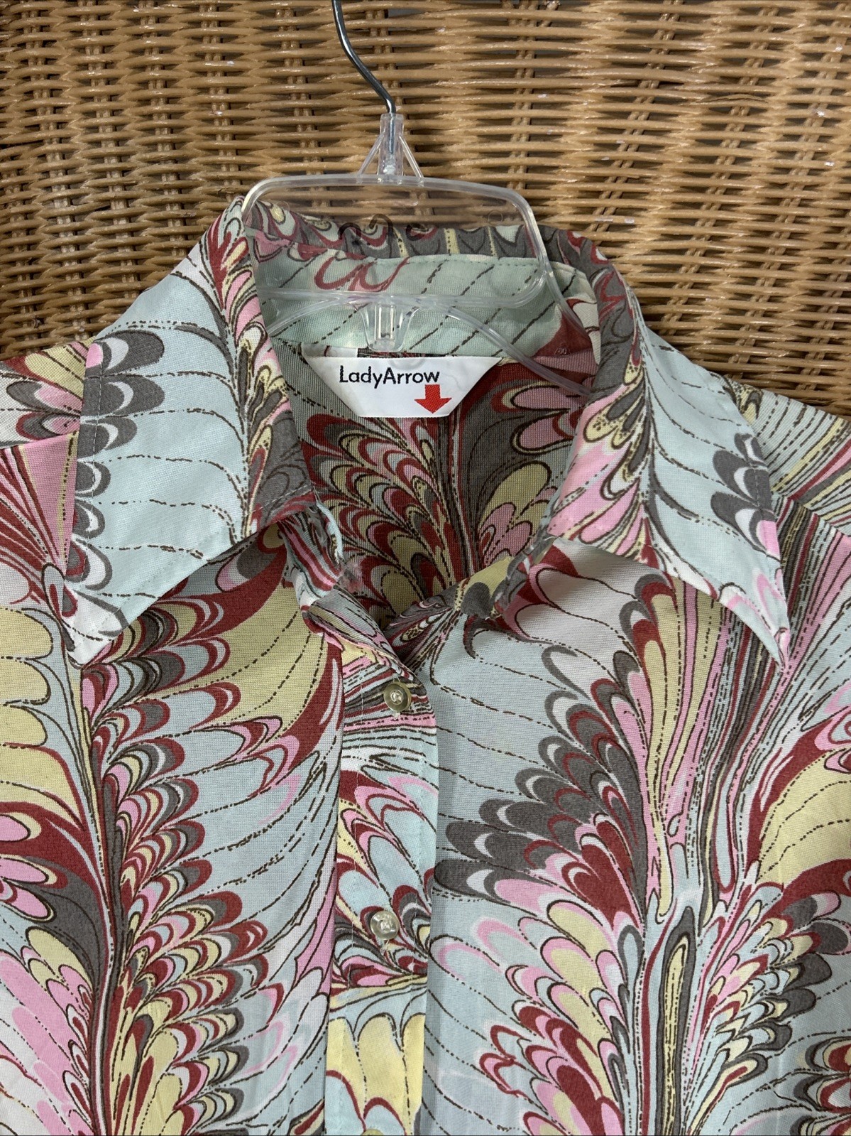 1970s Lady Arrow Multicolor Polyester Dagger Collar Shirt Disco Hippy 70’s