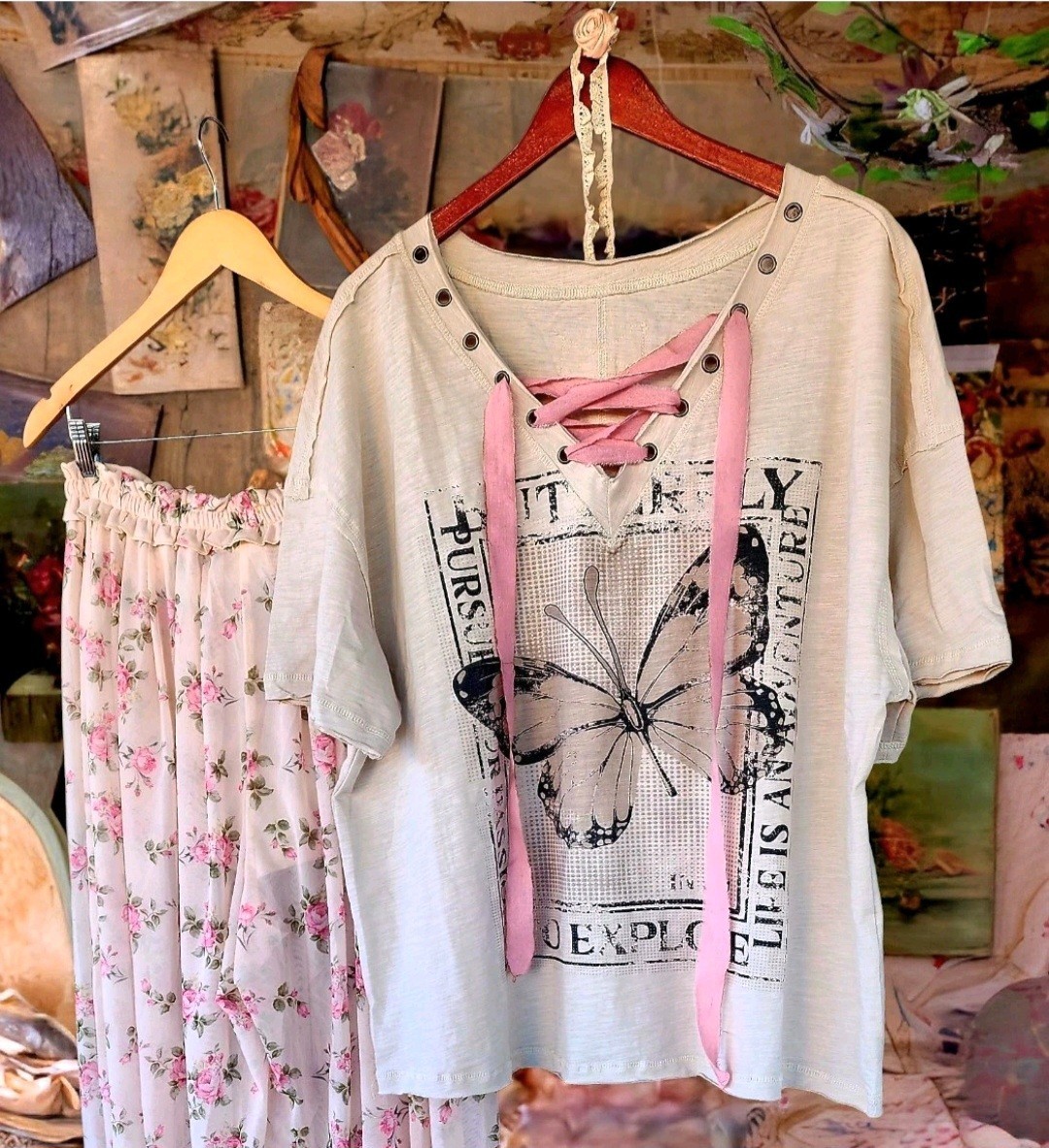 Free People Magnolia Style Cream Cotton hippie boho t-shirt top blouse shirt L