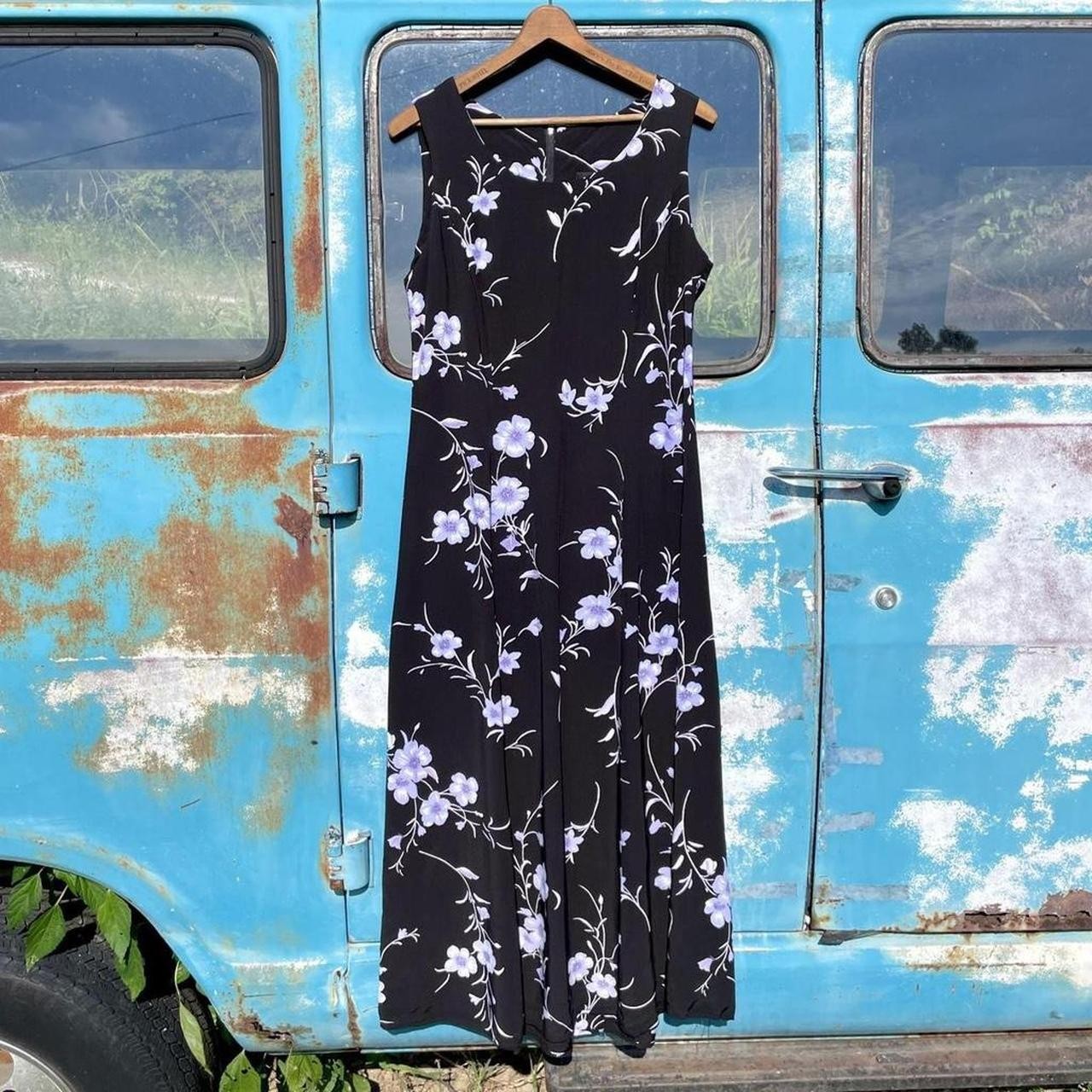 90s cimmaron black 100% rayon sleeveless sheath dress romantic purple flowers