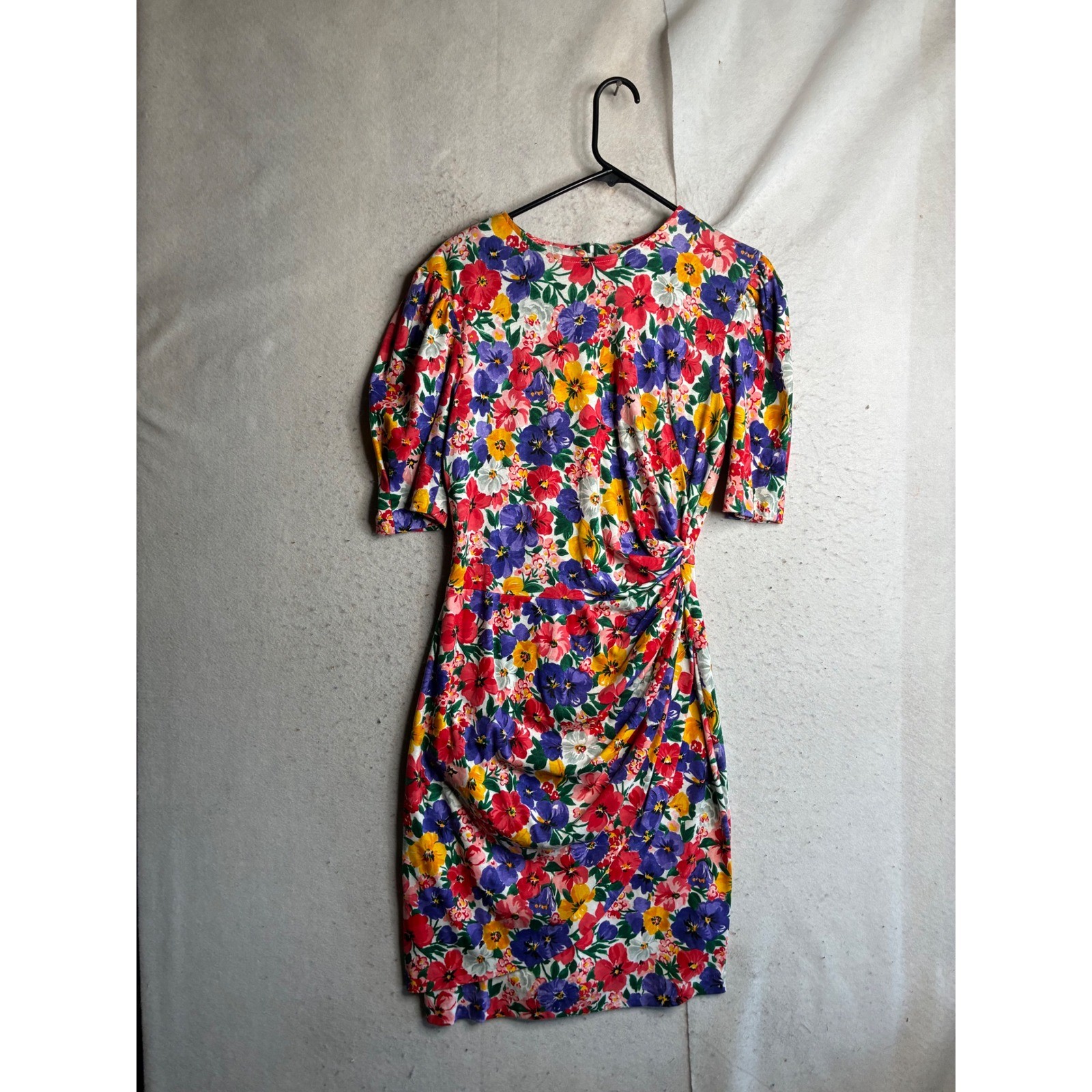 Vintage Expo Floral Ruching Midi Dress Multi Color Pansy Puff Sleeve USA Made 12