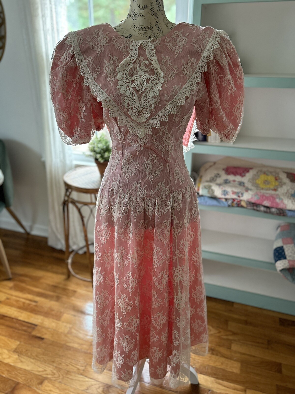 Vtg Pink Prairie Dress Lace 70’s Gunne Sax style Sz S/M Victorian Prairie