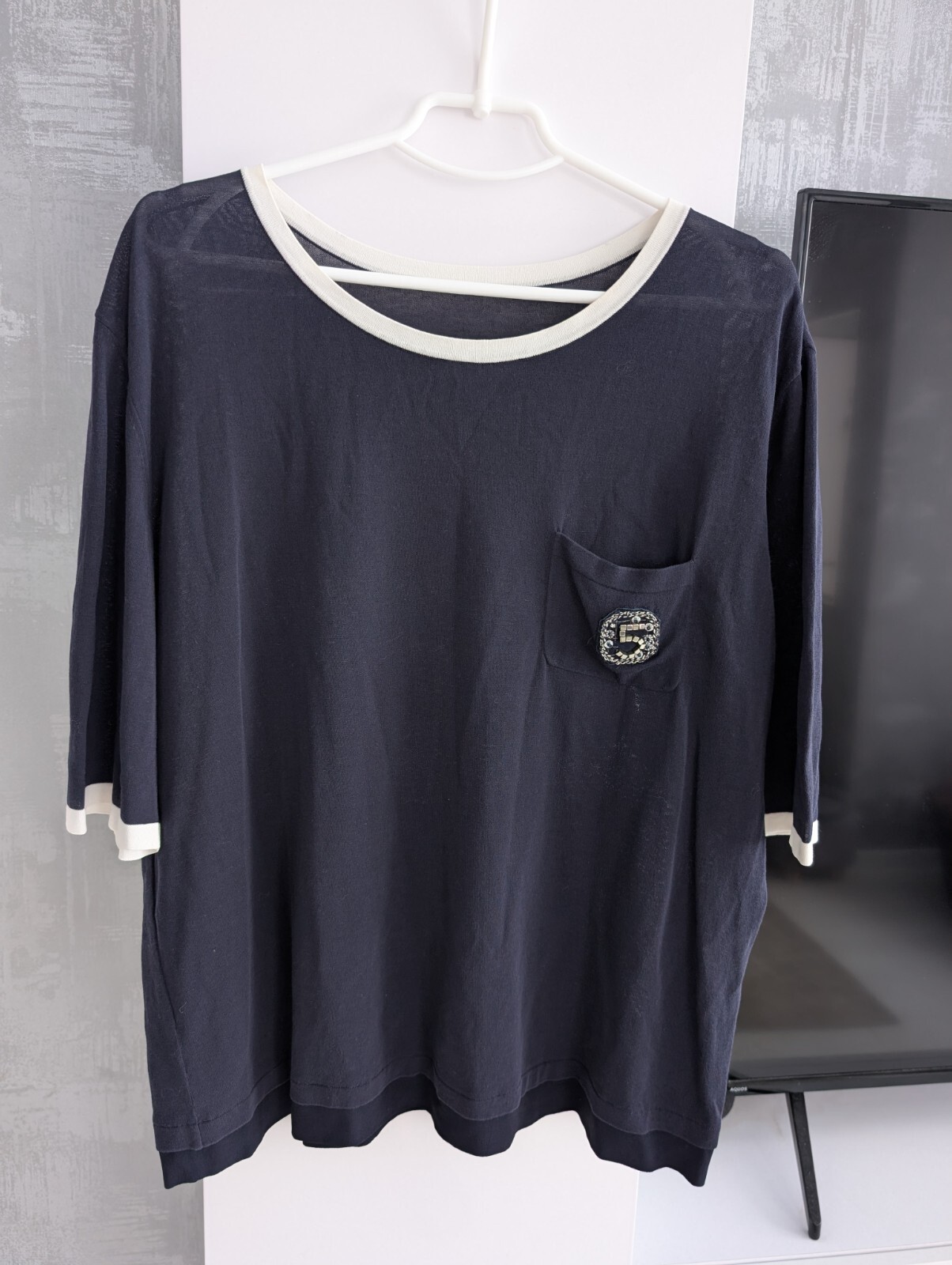 Chanel No 5 Embellished Logo Navy Silk Viscose Blouse Top T-Shirt Oversized 2XL