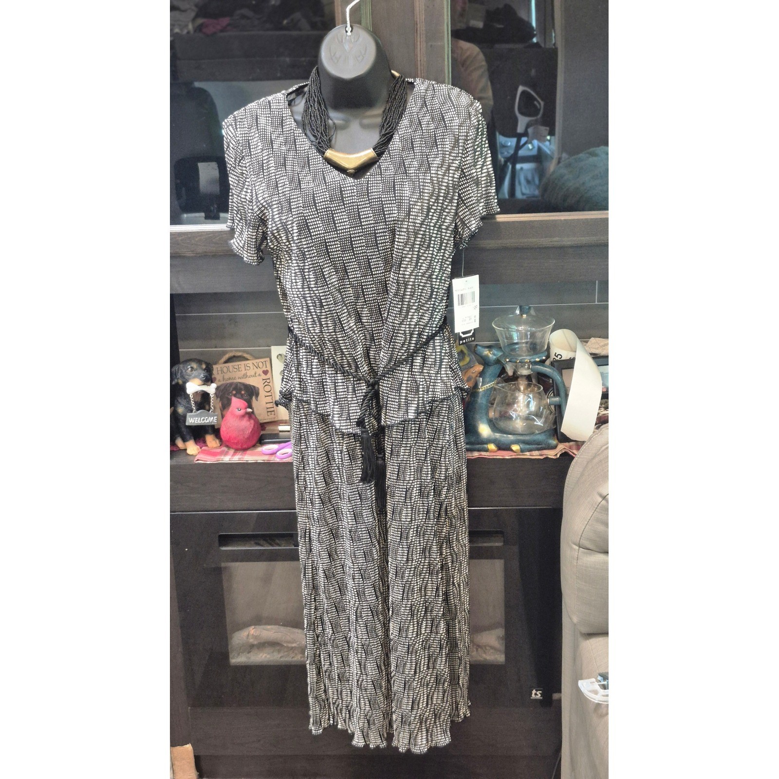 Studio Connection Vintage 80s Peplum Midi Dress Black White Dot Tassel boho 10P