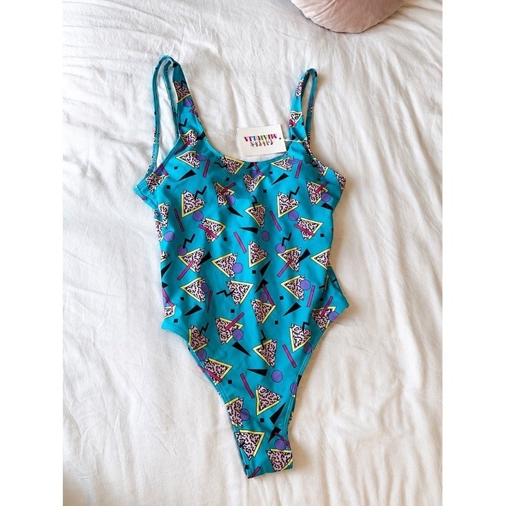 Miaulia One Piece Swimsuit Women Retro 80s Geometric Size S Teal Barbie