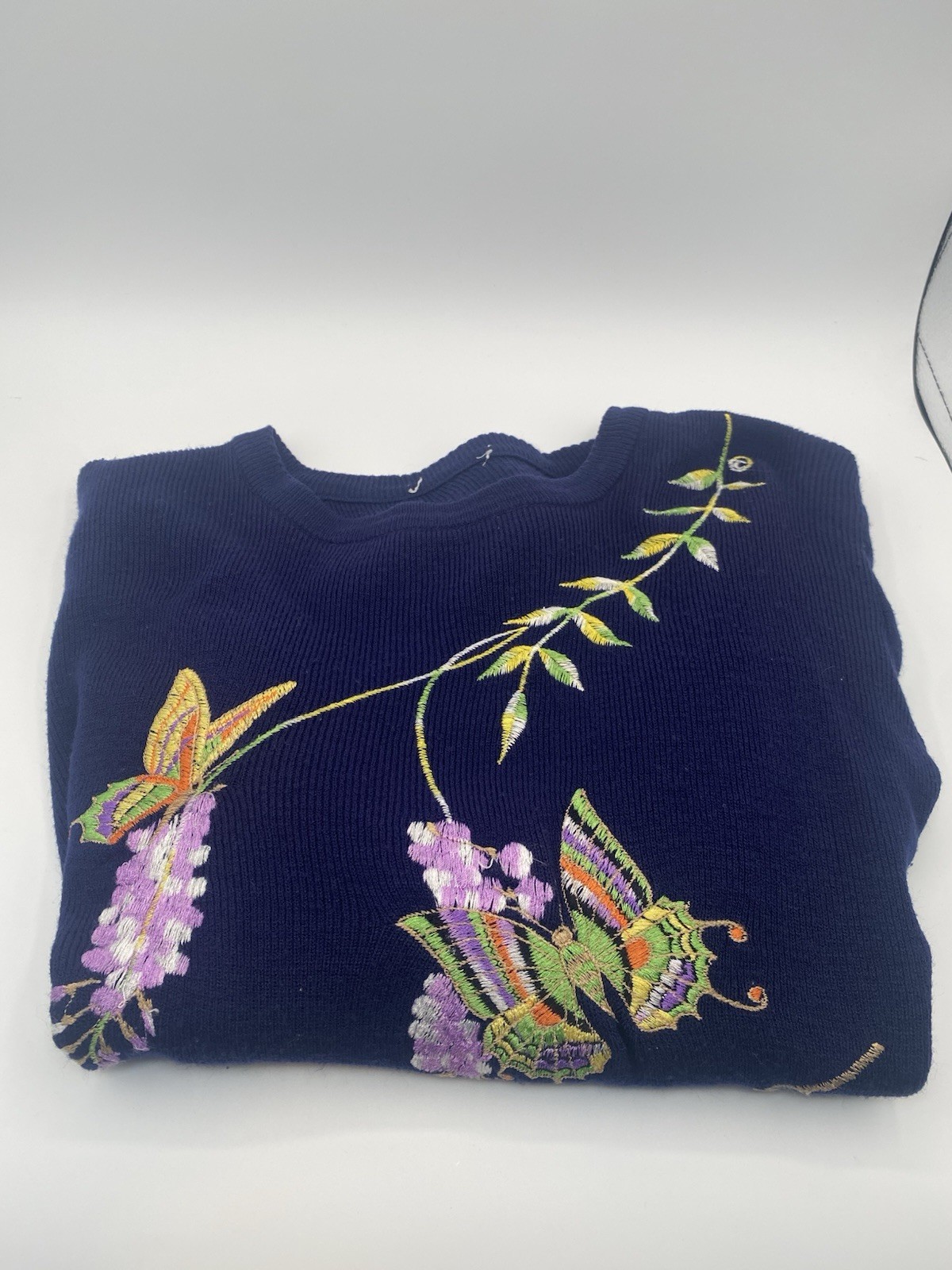 Vintage Women’s Bonnie Lee Leroy Blue Sweater Acrylic 70s Colorful Butterflies