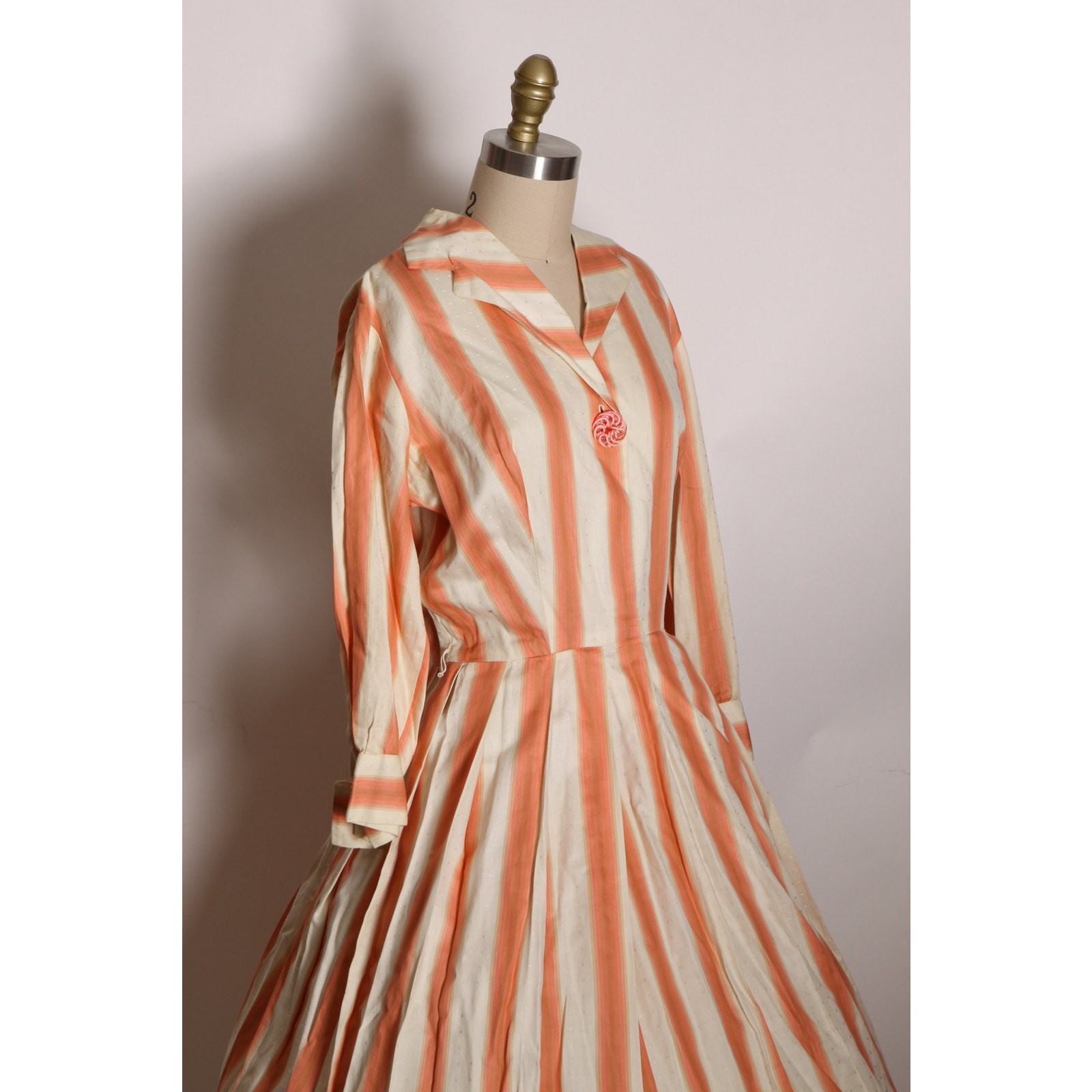 1950s Peach Pink Tan Cream 3/4 Length Sleeve Fit and Flare Dress by Julie Miller