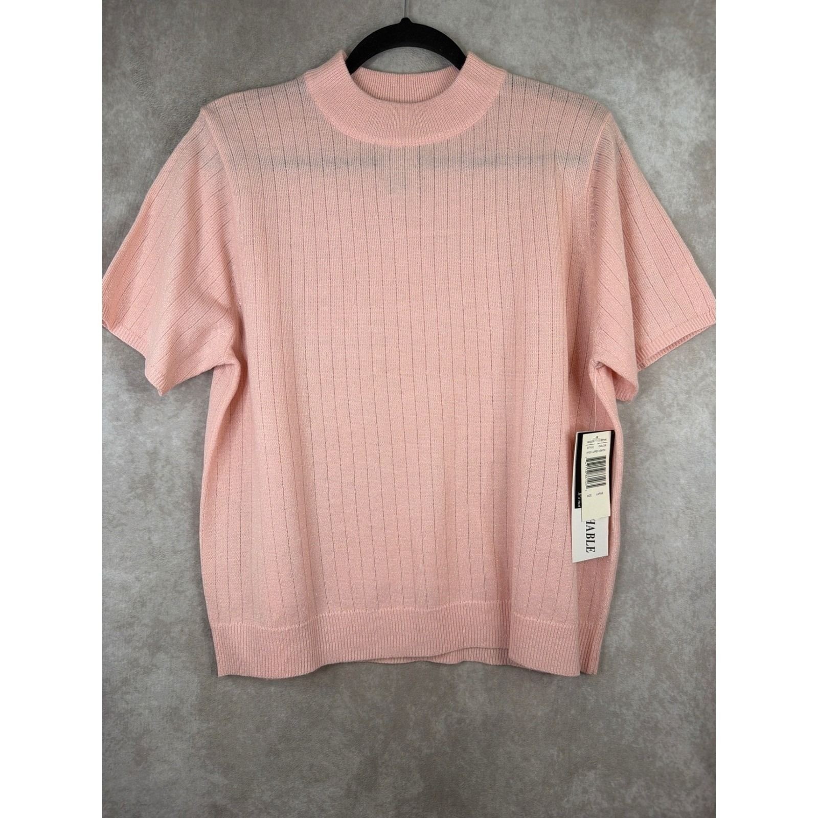 NWT VTG Sag Harbor Ice Pink Metallic Ribbed Mock Neck Short Slv Sweater Size L