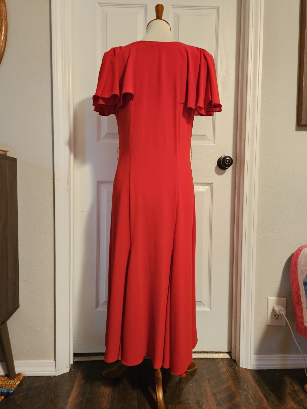Vintage 80s Red Pierre Cardin Flutter Sleeve Button Front Midi Dress Size 6