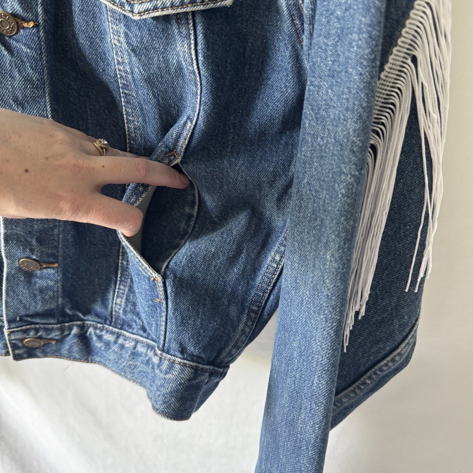 Vintage 80s Denim Jacket With White Fringe by Plain Pockets