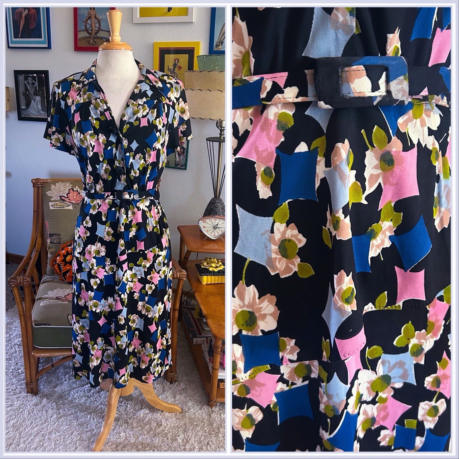 Vintage 1940s Style Dress | Floral | Black Pink | M L | Jersey Knit | 40s 70s