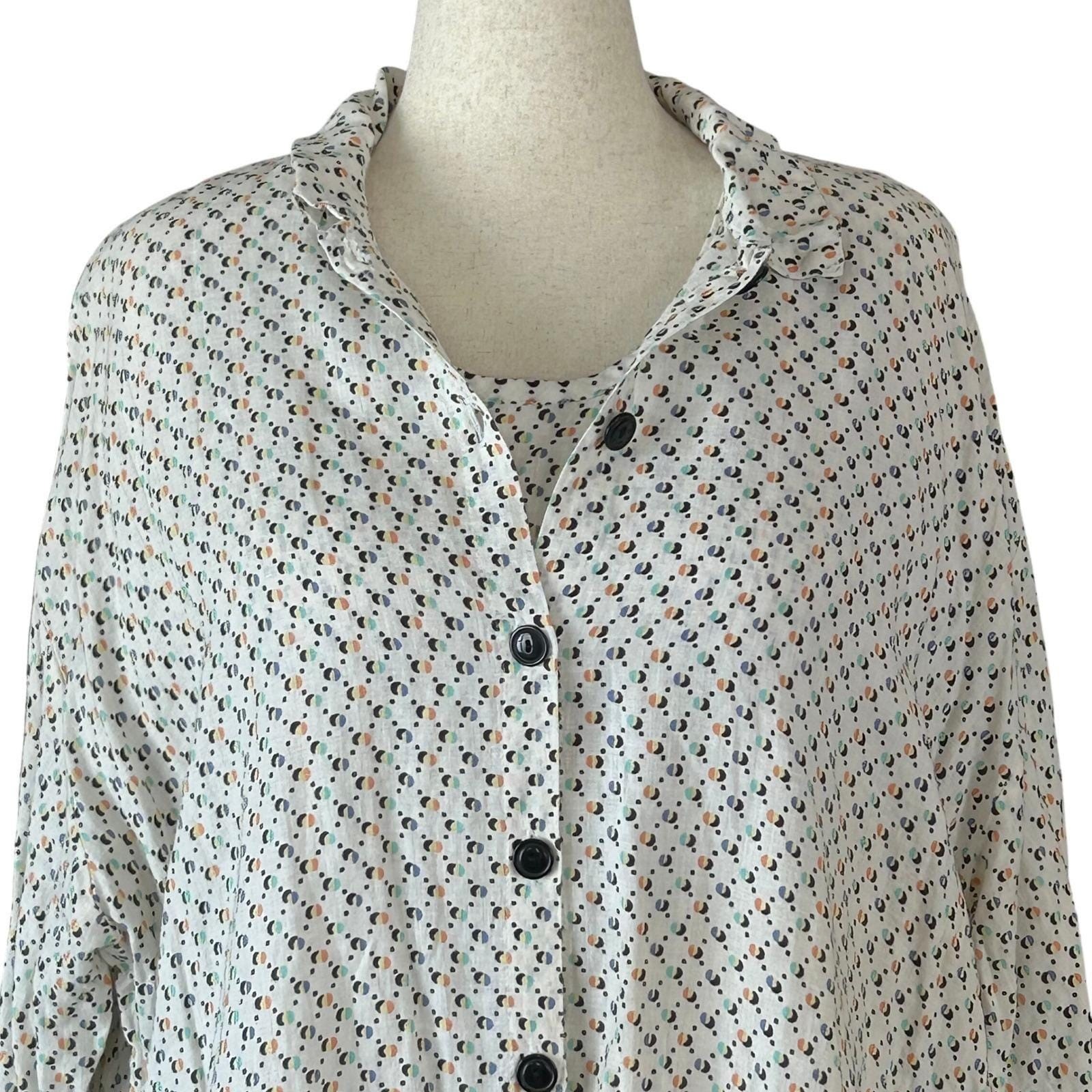 FLAX 2 Piece Shirt & Tank Set Women Large Cream Dot Linen Lagenlook Coastal Art