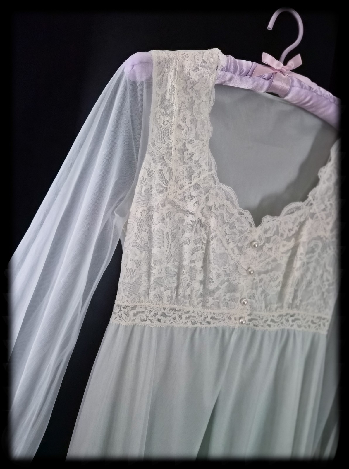 2pc Vintage 60s SHEER Nylon PEIGNOIR Set CHIFFON Nightgown LONG Gown Teal ~ M/L