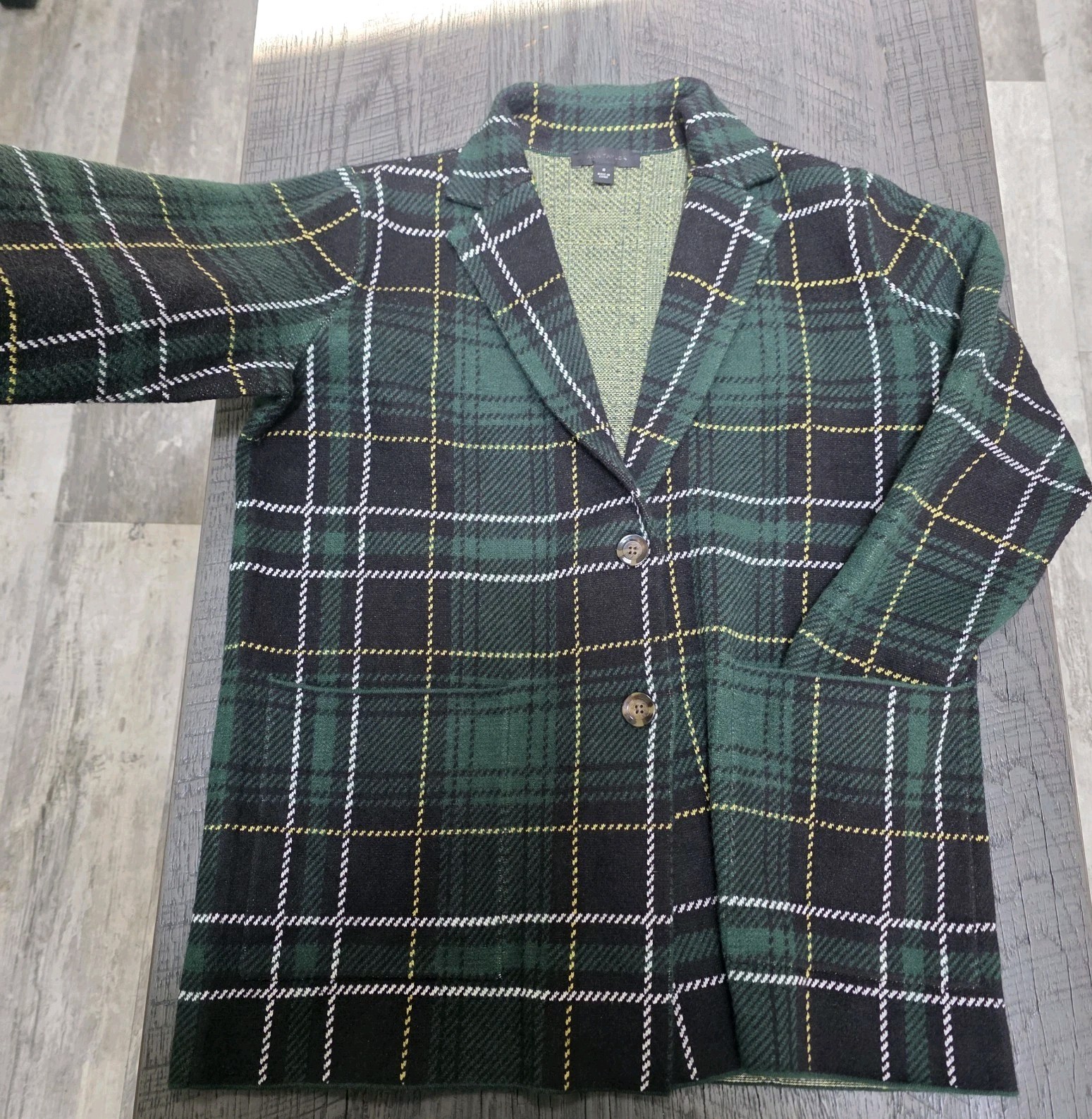 Ann Taylor Green and Black Knitted Blazer Medium Tartan Plaid (Size:Med)