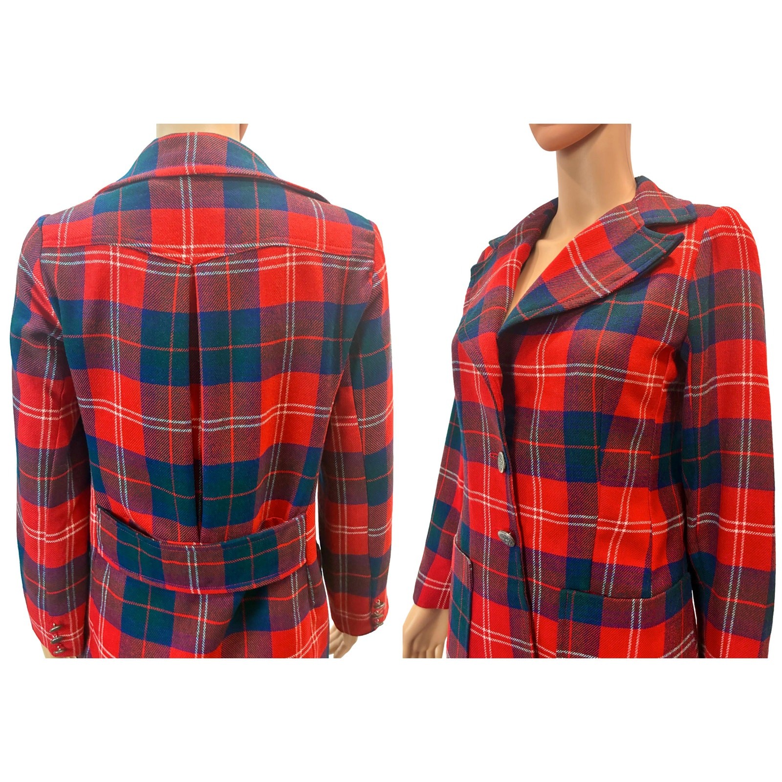 VTG 70s Red Tartan Plaid Blazer Riding Jacket Wool Blend Small