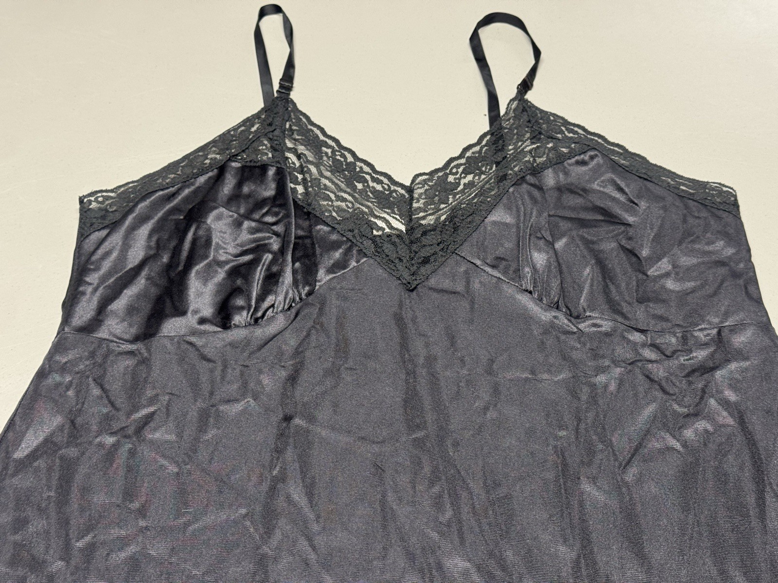 Vtg Sliperfection Sissy Full Slip Black Sz 44 Nylon Tricot Antron Silky Lace USA