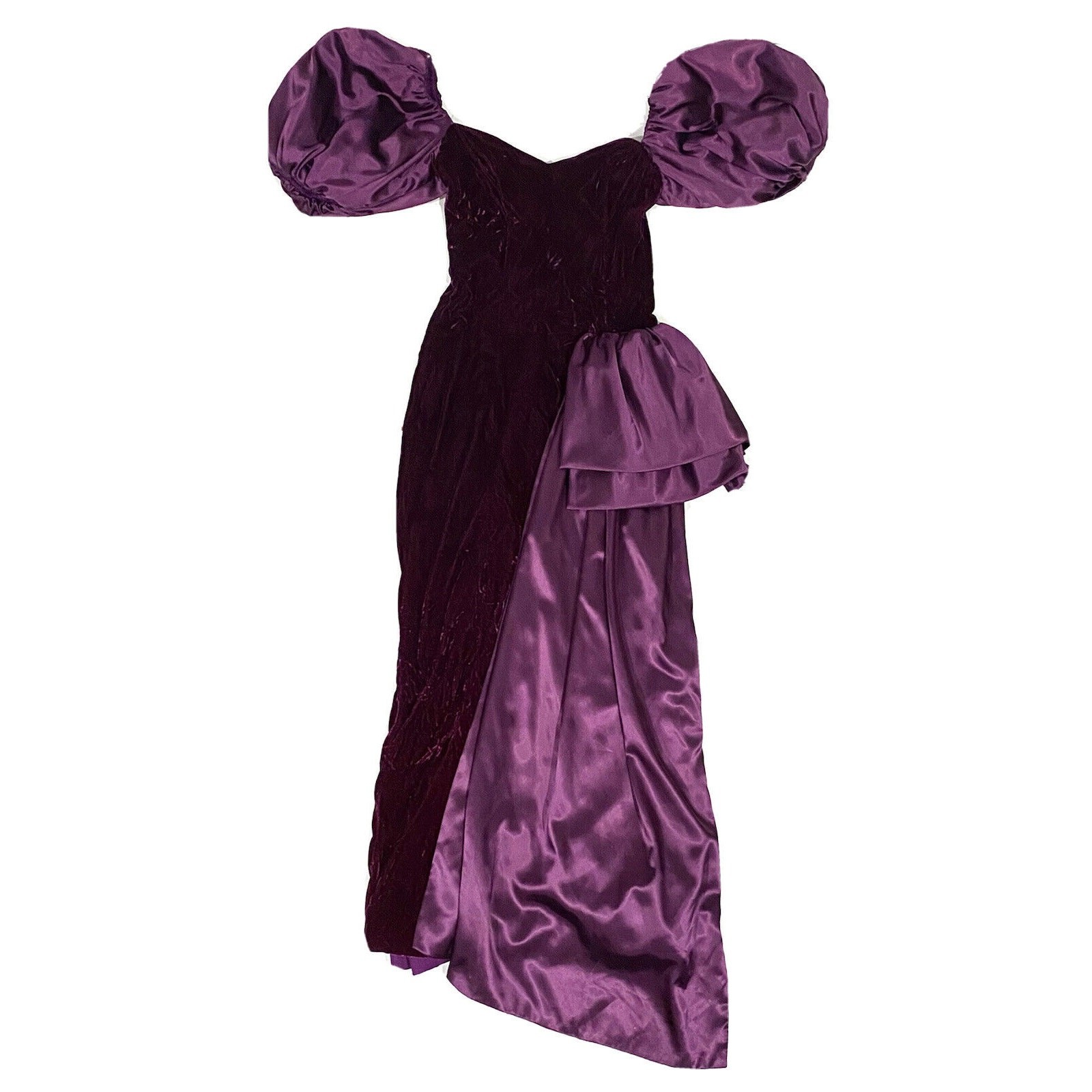 Vintage 90s Formal Dress Gown Velvet Puffy Sleeves Purple Drape Sash Women’s XS