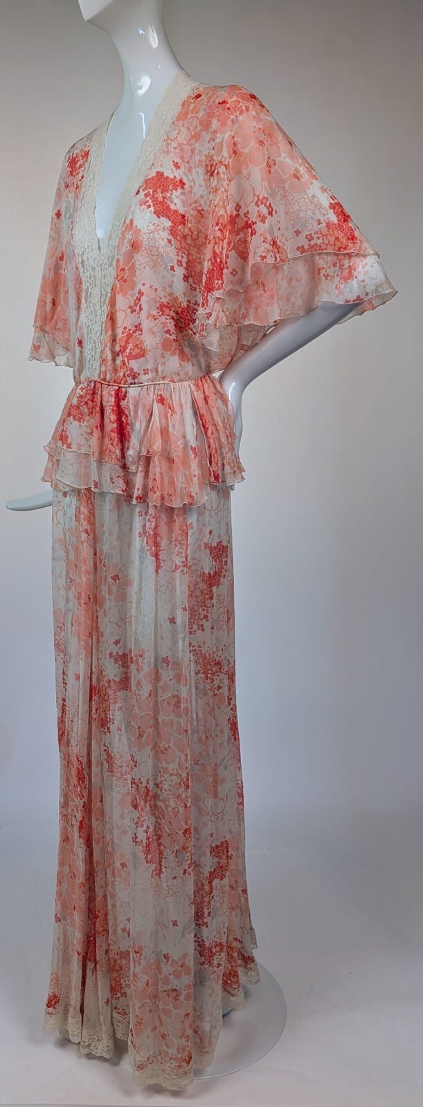 1970’S PINK FLORAL SHEER SILK CHIFFON DRESS W CAPE SLEEVES + NIEMAN MARCUS LABEL