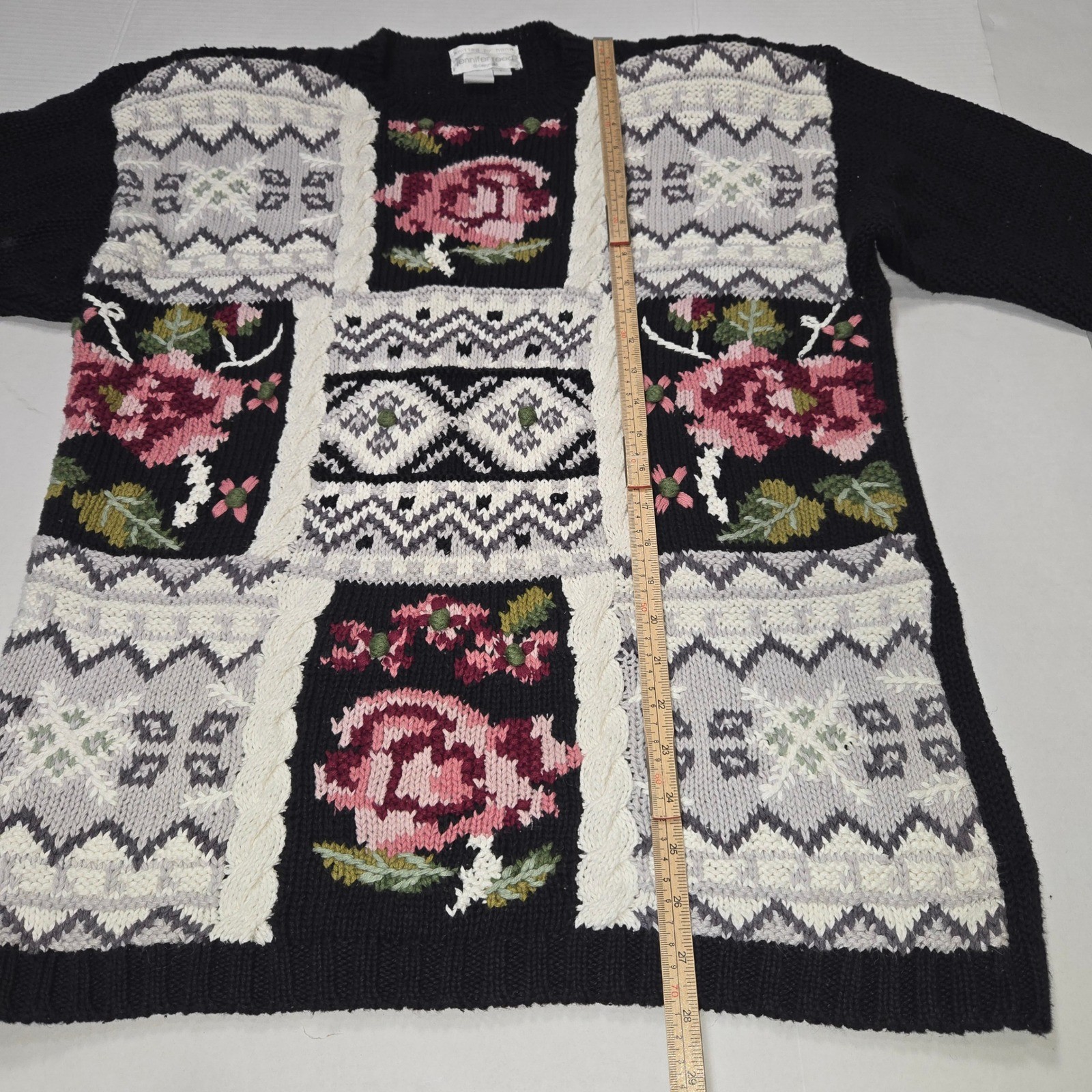 Jennifer Reed Hand Knitted Floral Patchwork Intarsia Sweater Black Pink Large