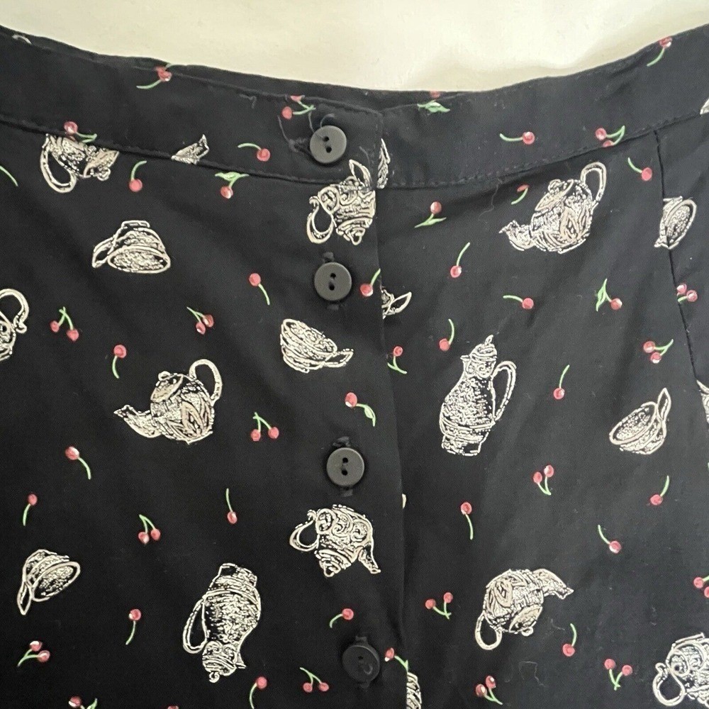 Paul Harris Vtg 90s Teapot Cherry Print Button Front Mini Skirt Sz 14 Fit M Twee