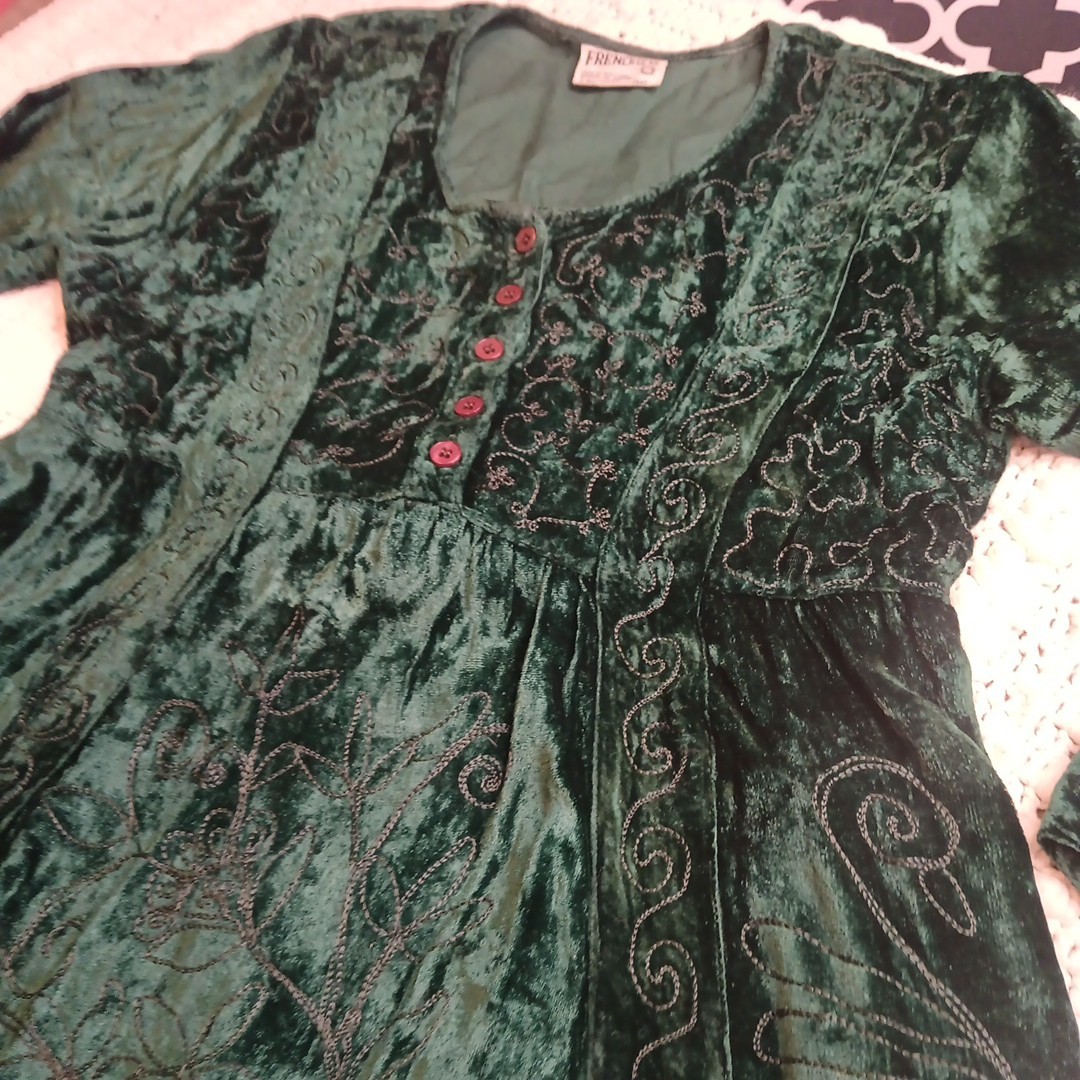 Vtg French Gear Grn Velvet Midi Dress Pockets Button Fairy Goth Festival Witchy