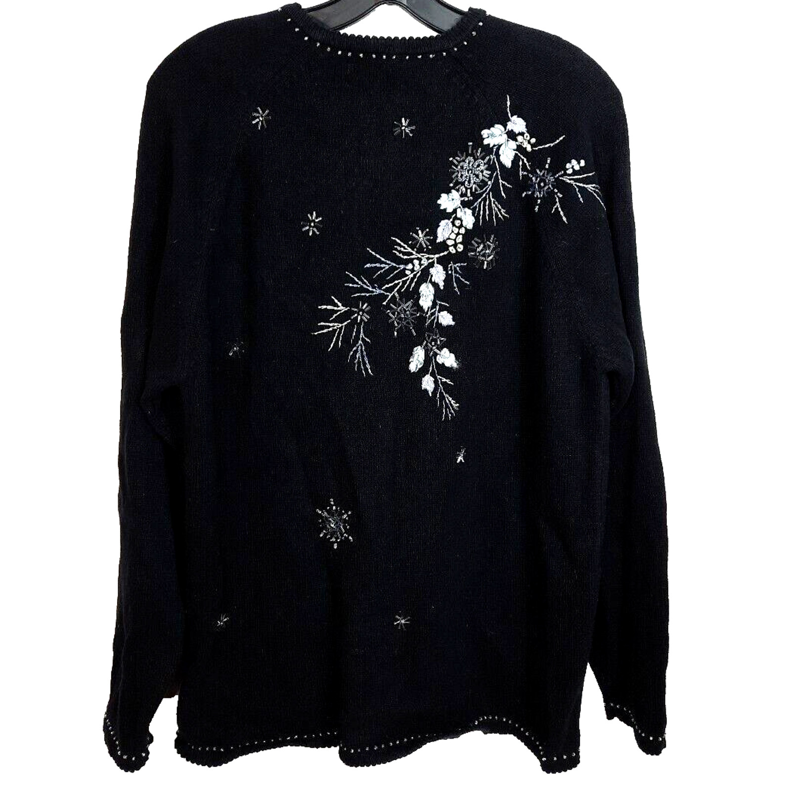 Stitches in Time Snowflake Beaded Embroidered Cardigan Sweater Large Black White