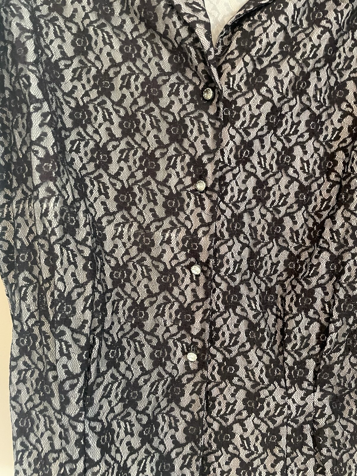 Sheer Black Lace Button-Front Women’s Blouse 1950s- 60s Rhinestone Buttons