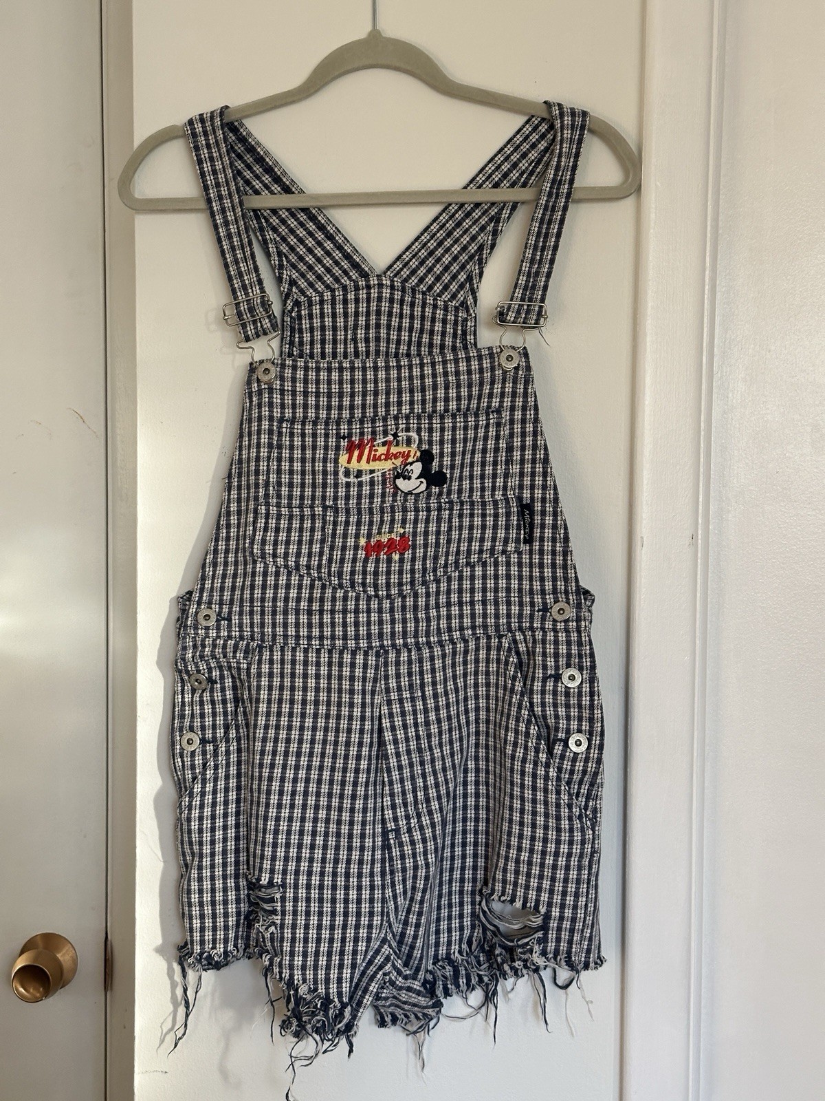 VTG 90s Mickey Mouse Shortalls Overalls Sz M Blue White Check Disney N01