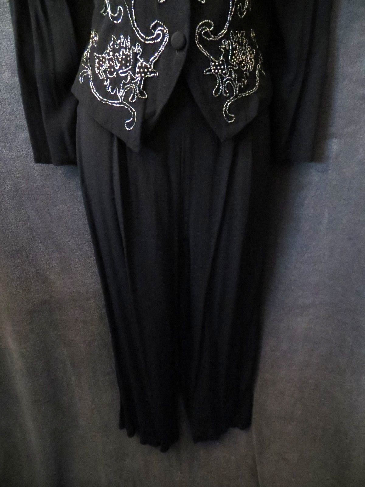80’s 90’s Vintage Karin Stevens Black Rayon Silver Rhinestone Vest Jumpsuit 8
