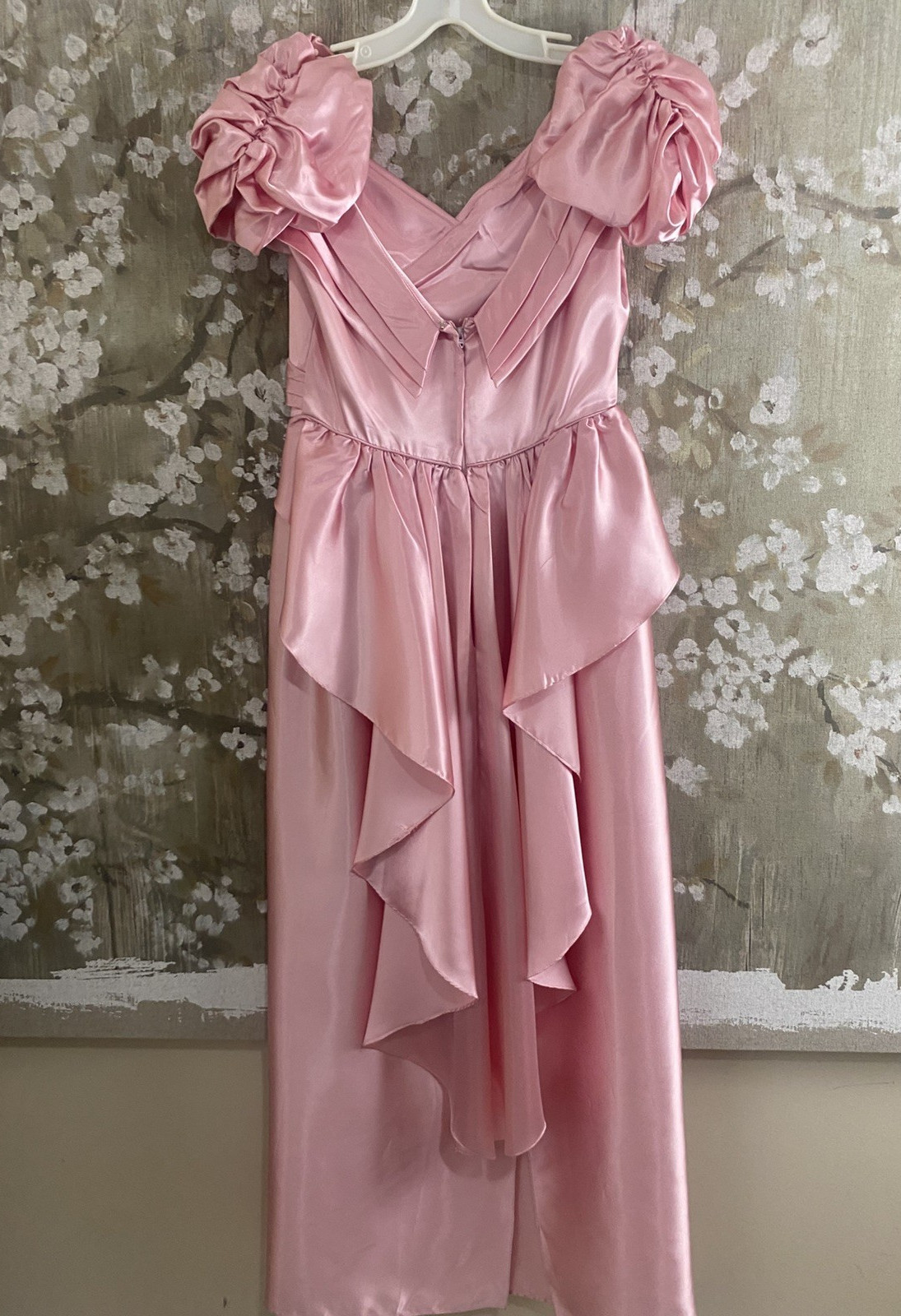 VTG 70’s Pink Satin Union Made Coquette Back Cascade Prom Bridesmaid Dress S