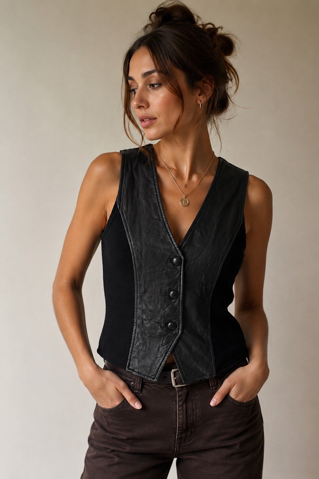 Vintage Erez Levy Black Leather & Wool Vest Women’s Small Minimalist 90s