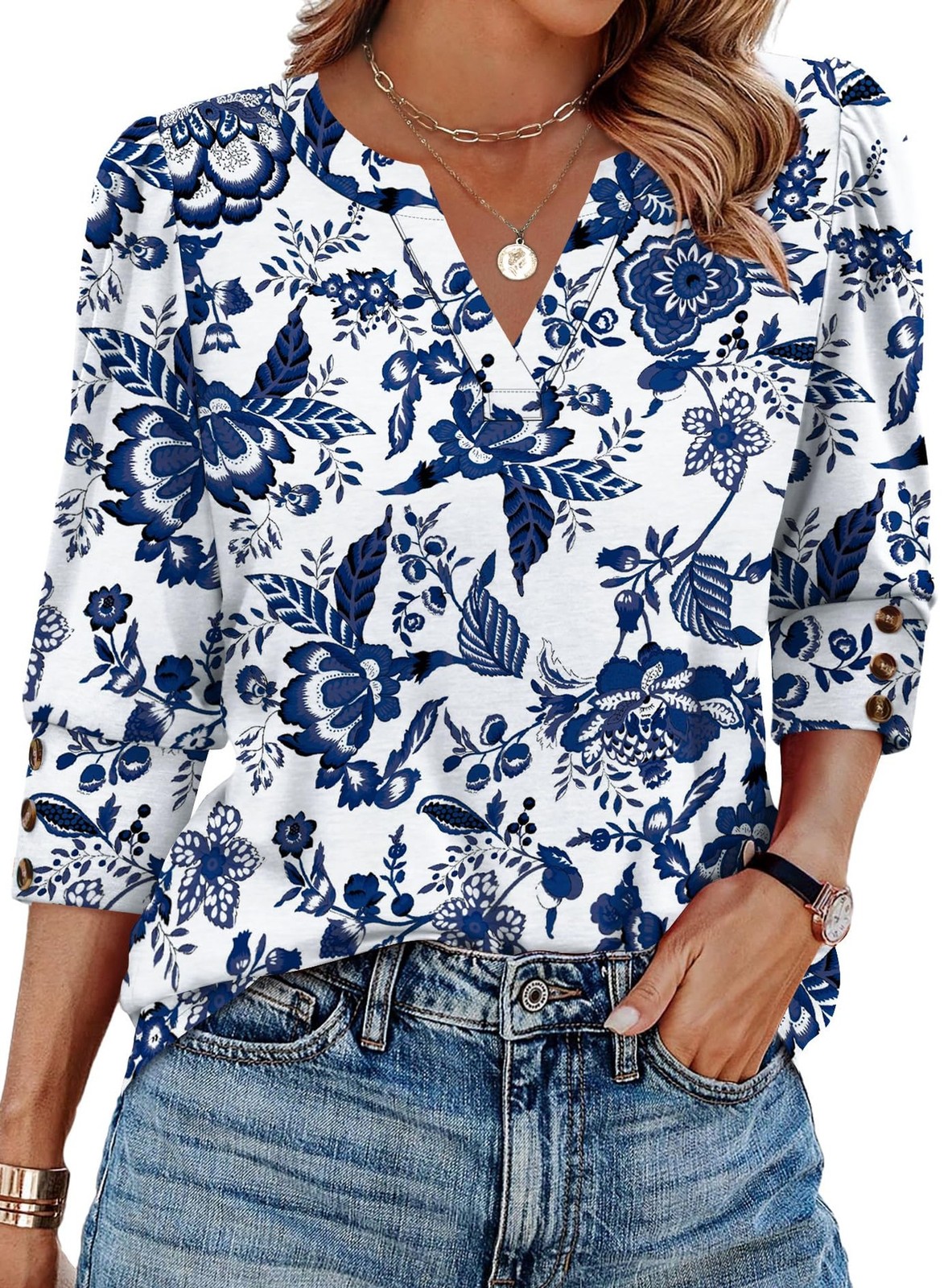 WIHOLL 3/4 Length Sleeve Womens Tops with Button Cuffs Dressy Casual V Neck S…